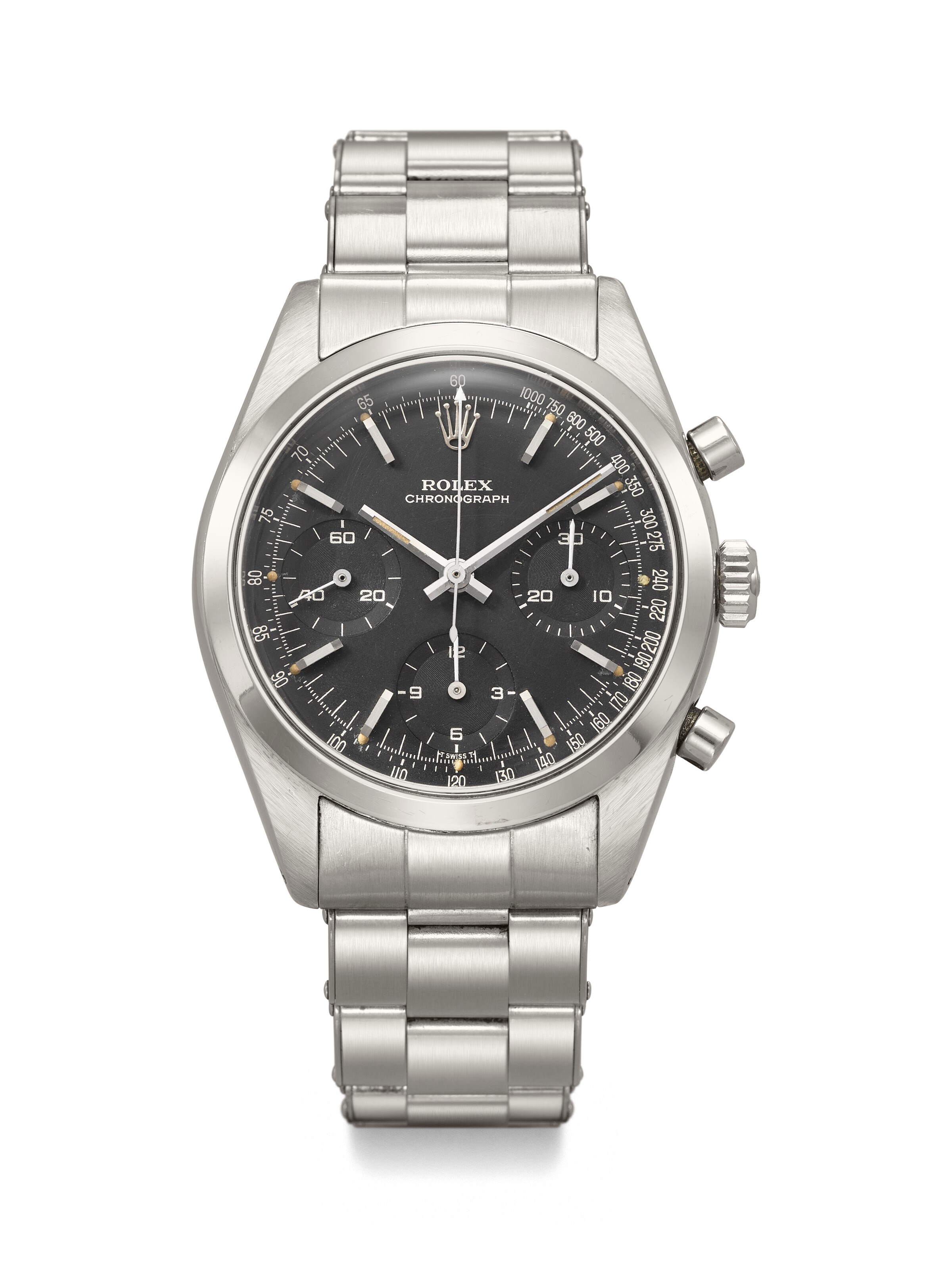 ROLEX. A RARE AND HIGHLY ATTRACTIVE STAINLESS STEEL CHRONOGRAPH WRISTWATCH WITH BRACELET