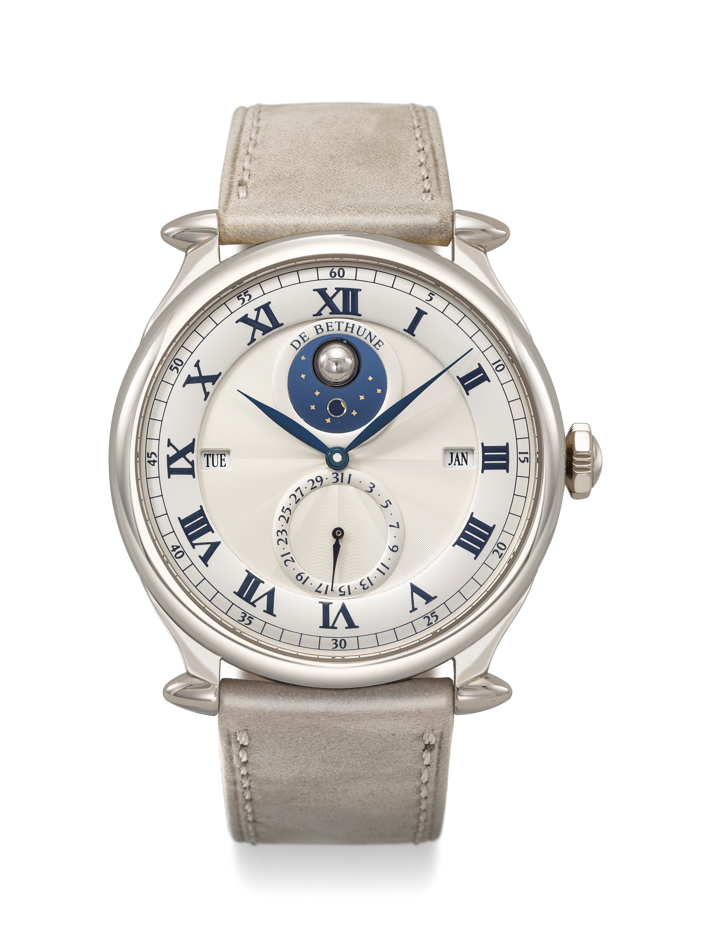 DE BETHUNE. AN ELEGANT 18K WHITE GOLD PERPETUAL CALENDAR WRISTWATCH WITH THREE-DIMENSIONAL SPHERICAL MOON PHASES AND LEAP YEAR INDICATION