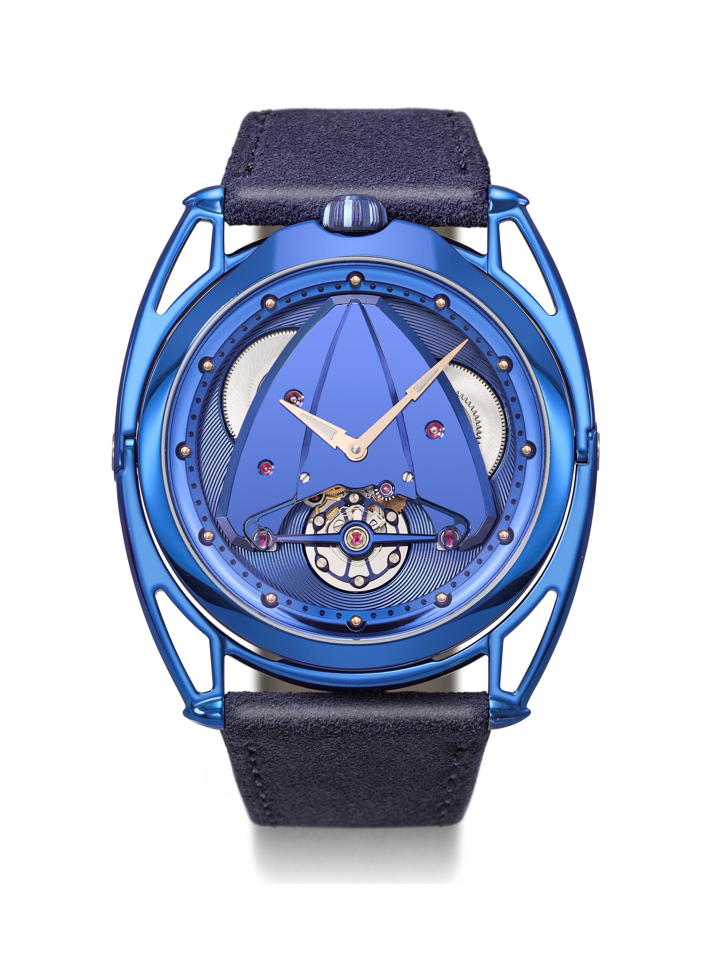 DE BETHUNE. A RARE, UNUSUAL AND EXTREMELY ATTRACTIVE MIRROR-POLISHED BLUED TITANIUM LIMITED EDITION LIGHTWEIGHT WRISTWATCH WITH POWER RESERVE AND ‘FLOATING LUGS’
