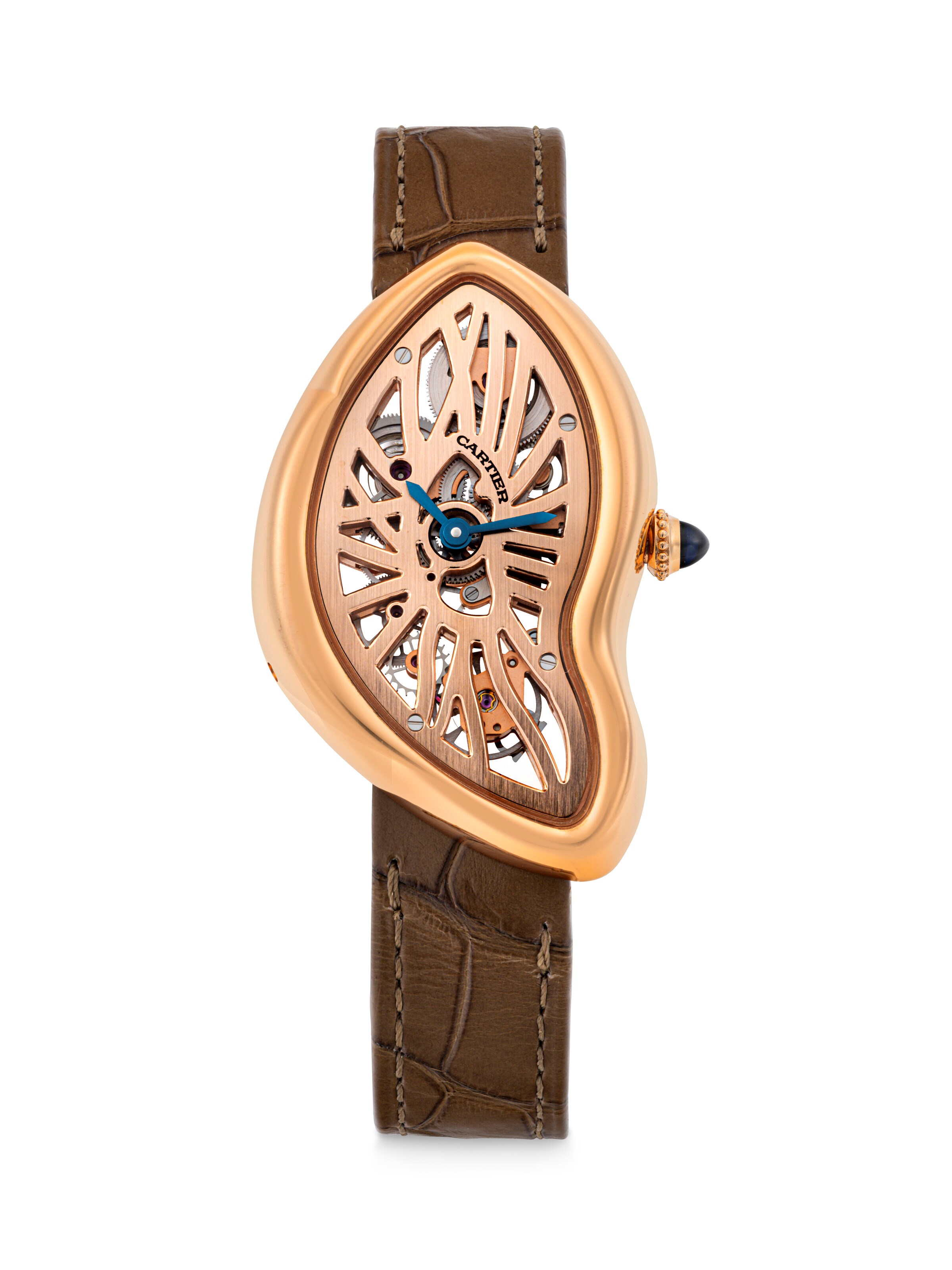 CARTIER. AN ATTRACTIVE AND VERY RARE 18K PINK GOLD LIMITED EDITION SKELETONISED ASYMMETRICAL WRISTWATCH