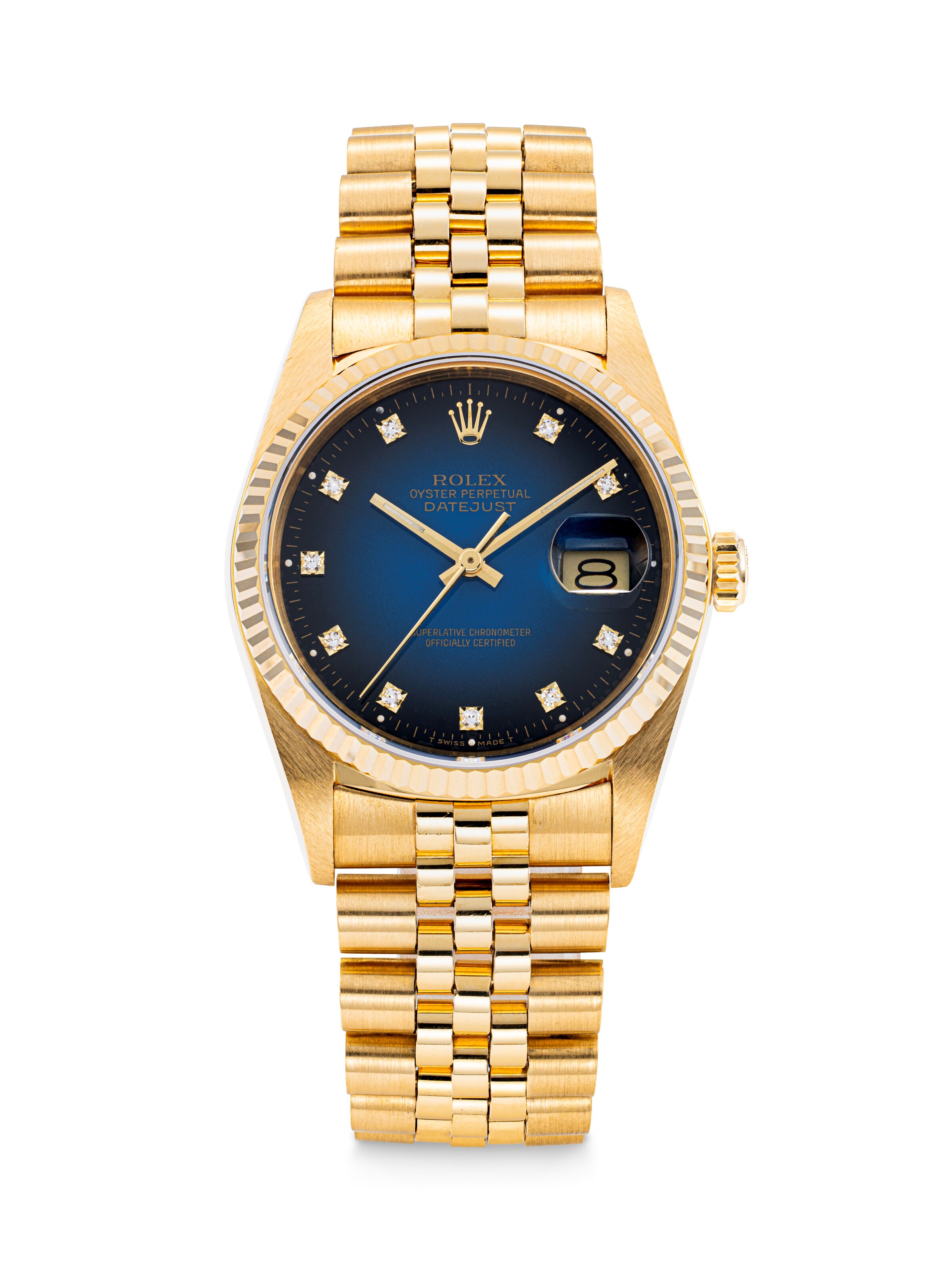 ROLEX. AN 18K GOLD AND DIAMOND-SET AUTOMATIC WRISTWATCH WITH SWEEP CENTRE SECONDS, DATE, GRADIENT BLUE AND DIAMOND-SET DIAL