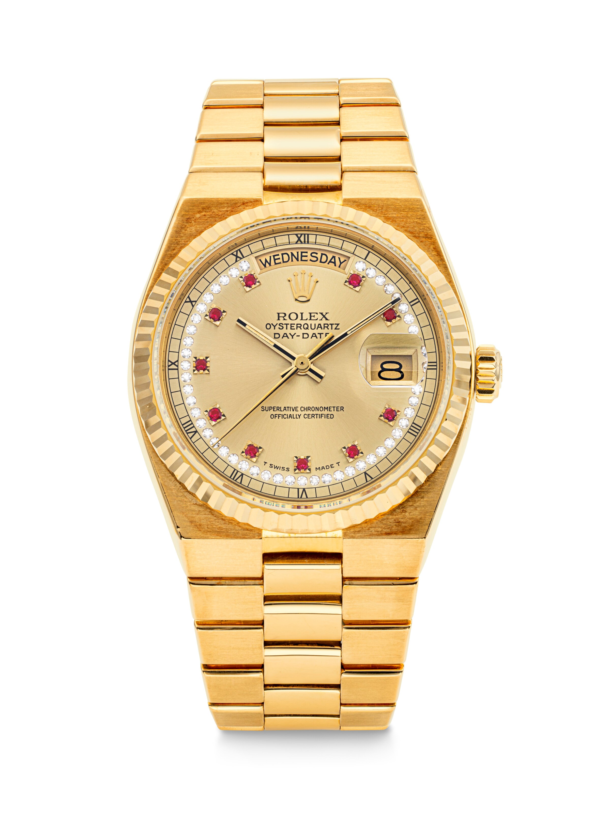 ROLEX. AN ATTRACTIVE 18K GOLD, DIAMOND AND RUBY-SET AUTOMATIC WRISTWATCH WITH SWEEP CENTRE SECONDS, DAY, DATE AND BRACELET