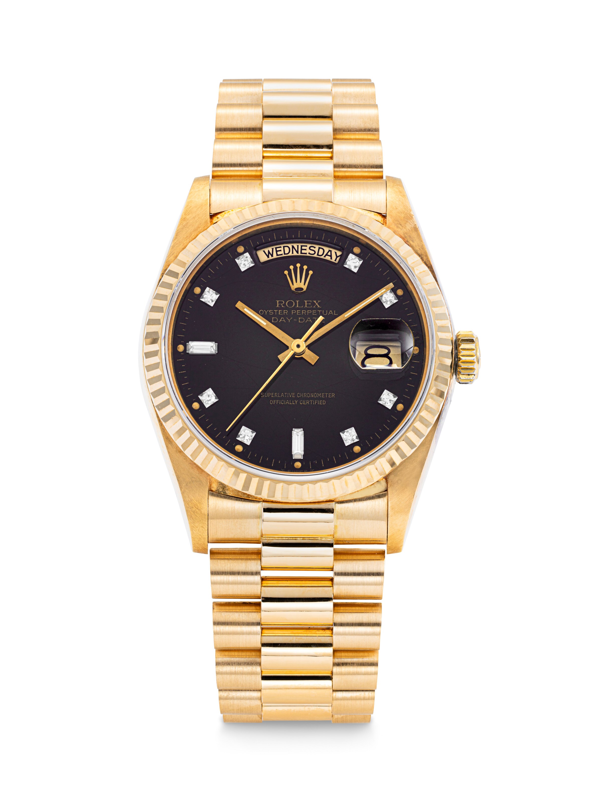 ROLEX. AN 18K GOLD AUTOMATIC BRACELET WATCH WITH SWEEP CENTRE SECONDS, DAY, DATE, GRADIENT BROWN AND DIAMOND-SET DIAL