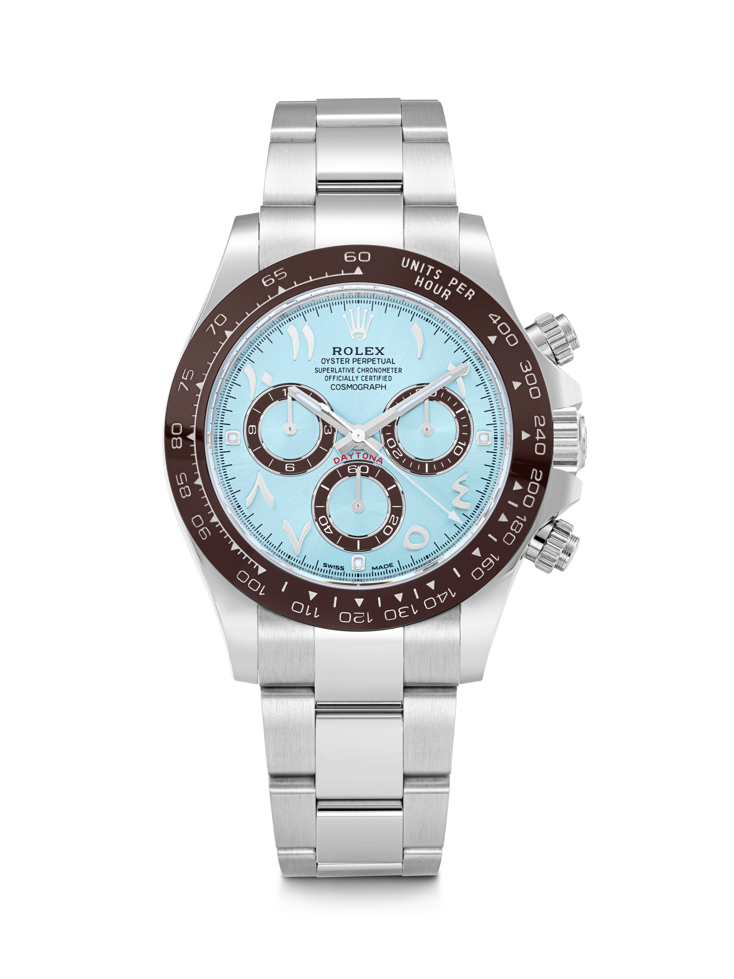 ROLEX. A RARE PLATINUM AUTOMATIC CHRONOGRAPH WRISTWATCH WITH BRACELET AND EASTERN ARABIC NUMERALS