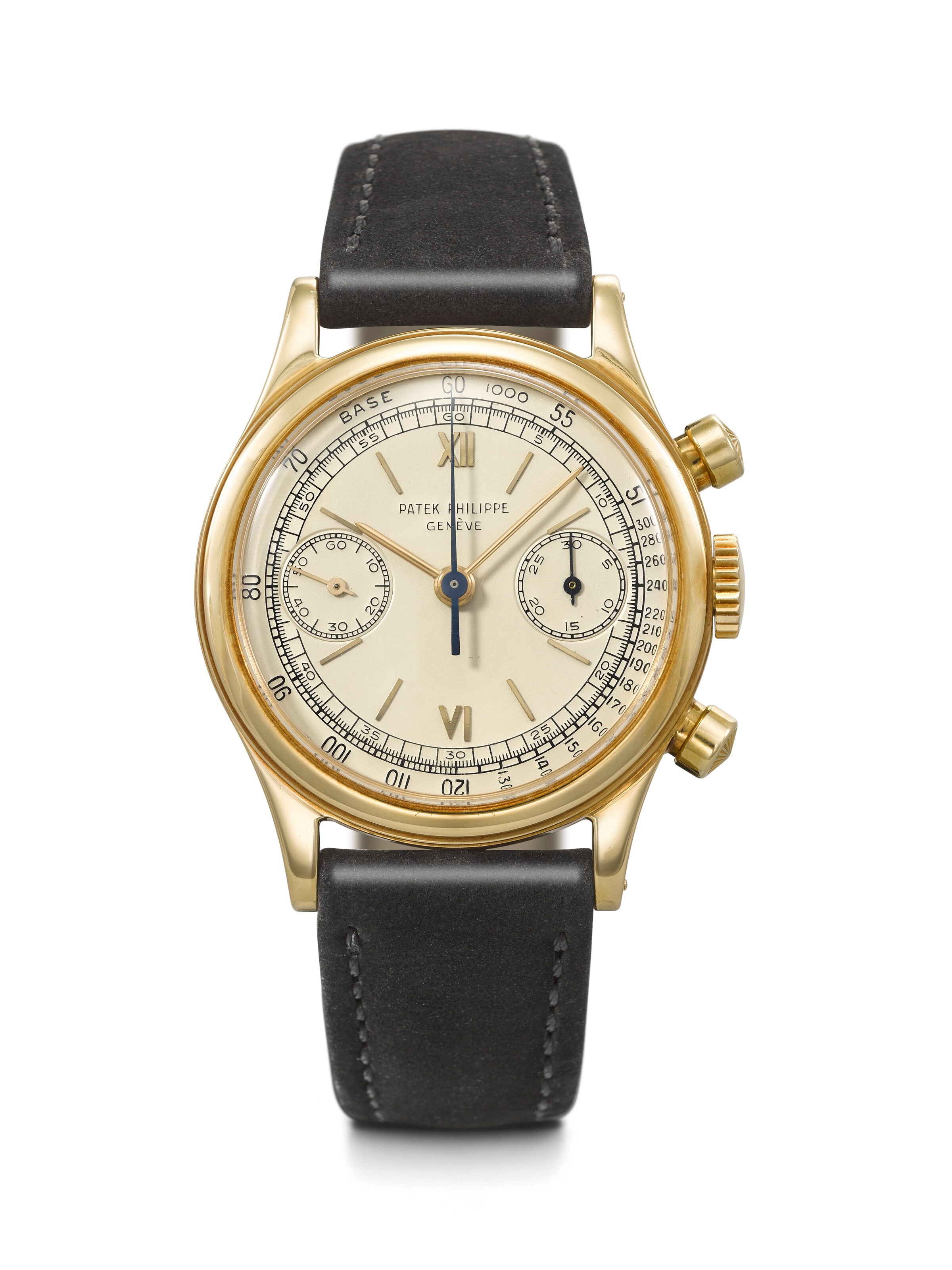 PATEK PHILIPPE. A VERY RARE AND HIGHLY ATTRACTIVE 18K GOLD CHRONOGRAPH WRISTWATCH WITH TACHYMETER SCALE DIAL