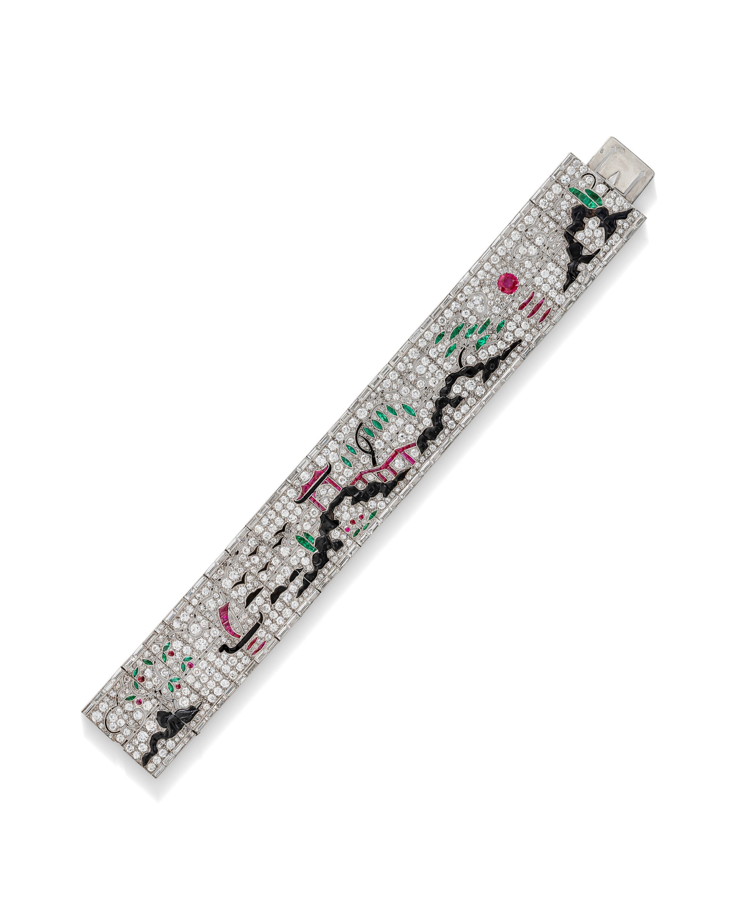EXCEPTIONAL LACLOCHE FRÈRES ART DECO RUBY, EMERALD, ONYX AND DIAMOND BRACELET
