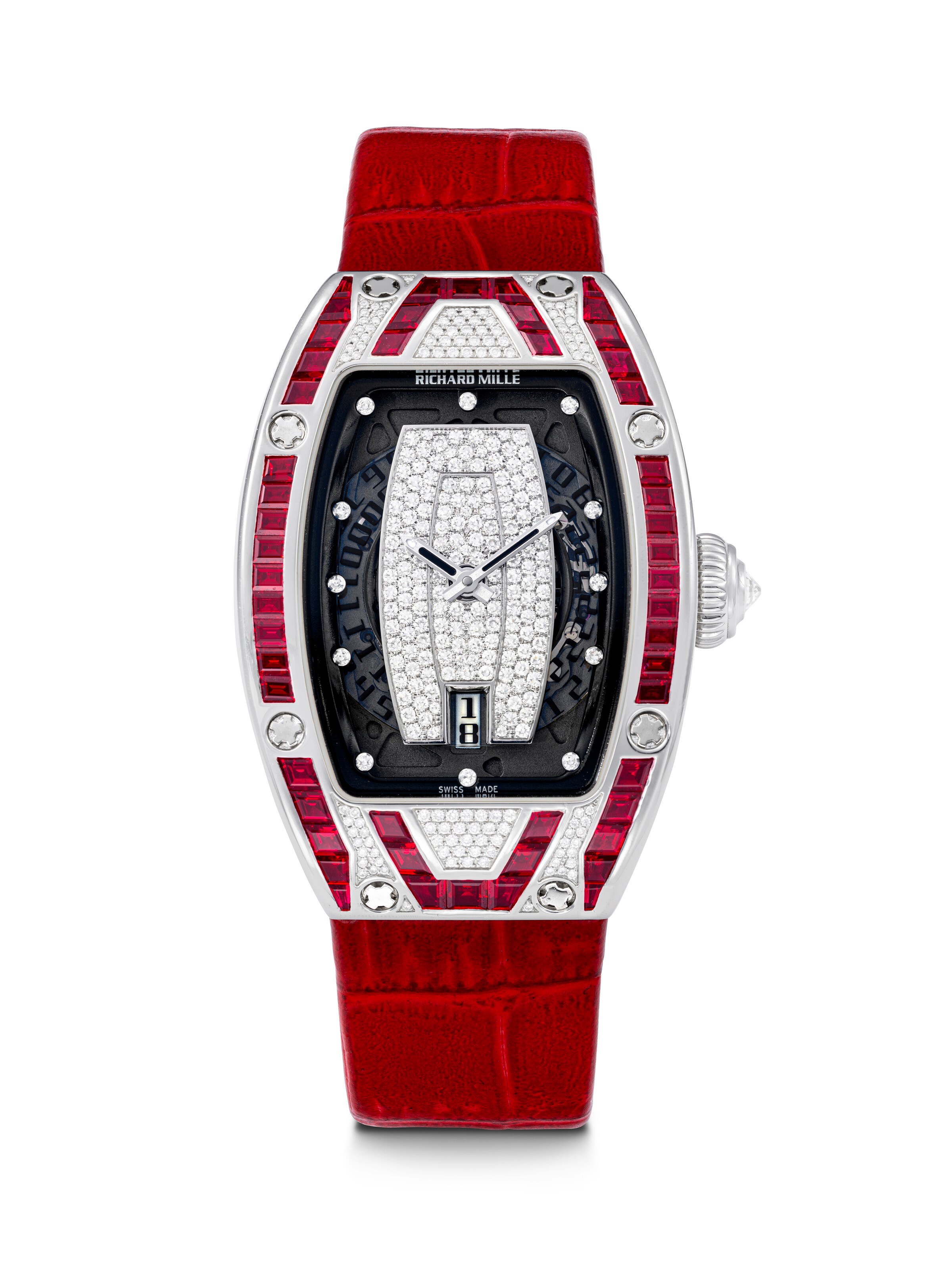 RICHARD MILLE. A  LADY’S UNIQUE, IMPRESSIVE AND ATTRACTIVE PLATINUM, DIAMOND AND RUBY-SET AUTOMATIC SEMI-SKELETONISED WRISTWATCH WITH DATE