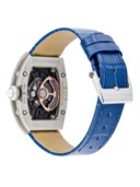 RICHARD MILLE. A LADY’S CHARMING 18K WHITE GOLD, DIAMOND AND SAPPHIRE-SET AUTOMATIC SEMI-SKELETONISED WRISTWATCH WITH DATE AND MOTHER-OF-PEARL DIAL