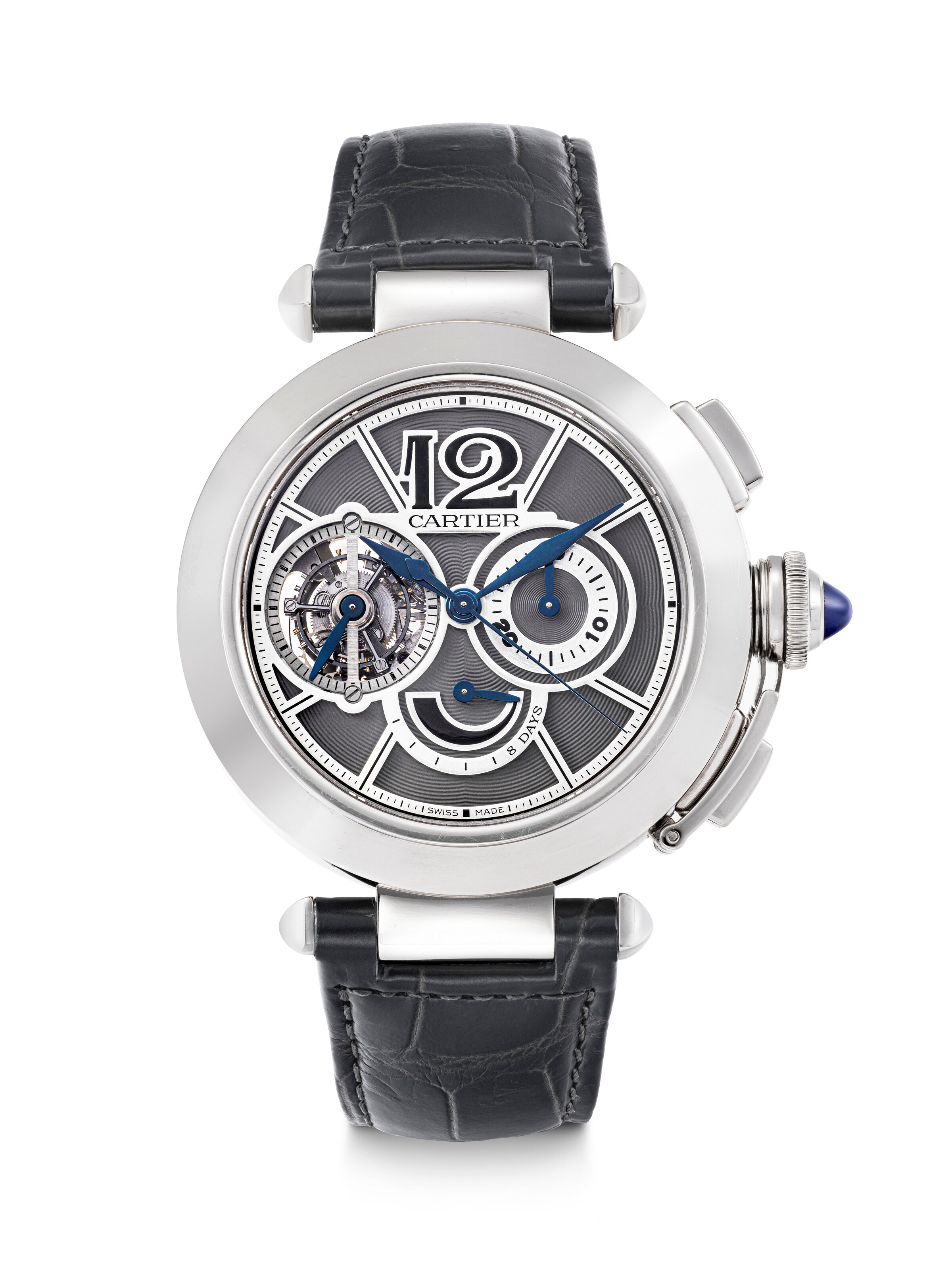 CARTIER. A RARE 18K WHITE GOLD LIMITED EDITION TOURBILLON CHRONOGRAPH WRISTWATCH WITH 8 DAYS POWER RESERVE