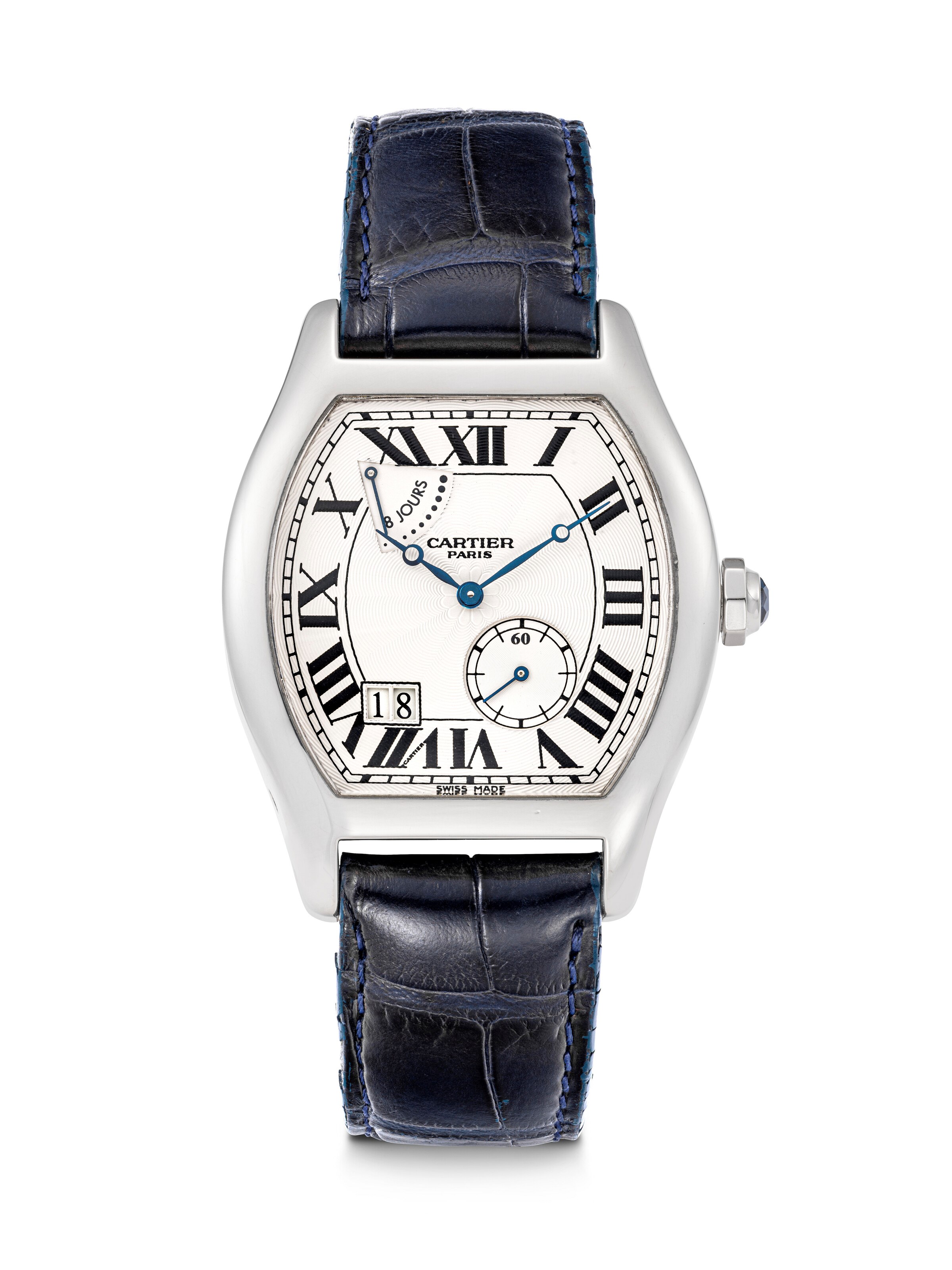 CARTIER. AN 18K WHITE GOLD WRISTWATCH WITH 8-DAY POWER RESERVE AND DATE