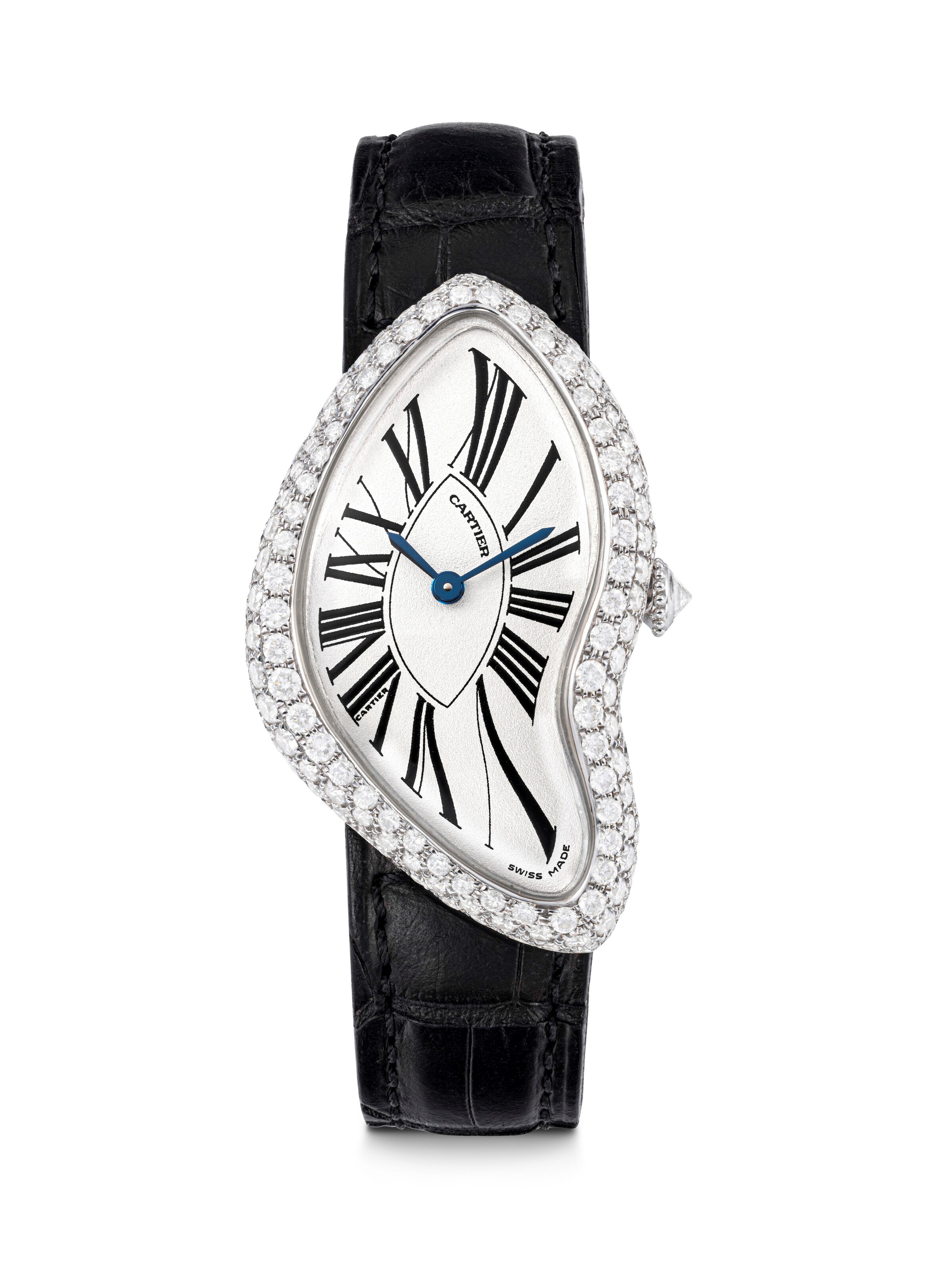 CARTIER. A RARE 18K WHITE GOLD AND DIAMOND-SET ASYMMETRICAL WRISTWATCH