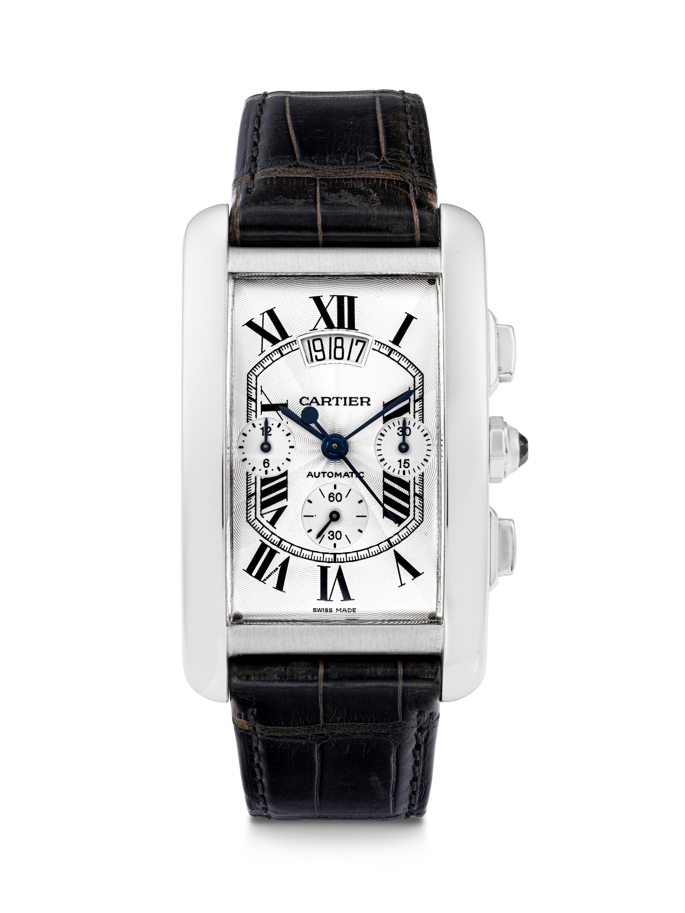 CARTIER. AN 18K WHITE GOLD RECTANGULAR AUTOMATIC CHRONOGRAPH WRISTWATCH WITH DATE
