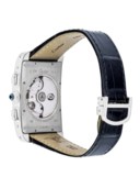 CARTIER. AN 18K WHITE GOLD RECTANGULAR AUTOMATIC CHRONOGRAPH WRISTWATCH WITH DATE