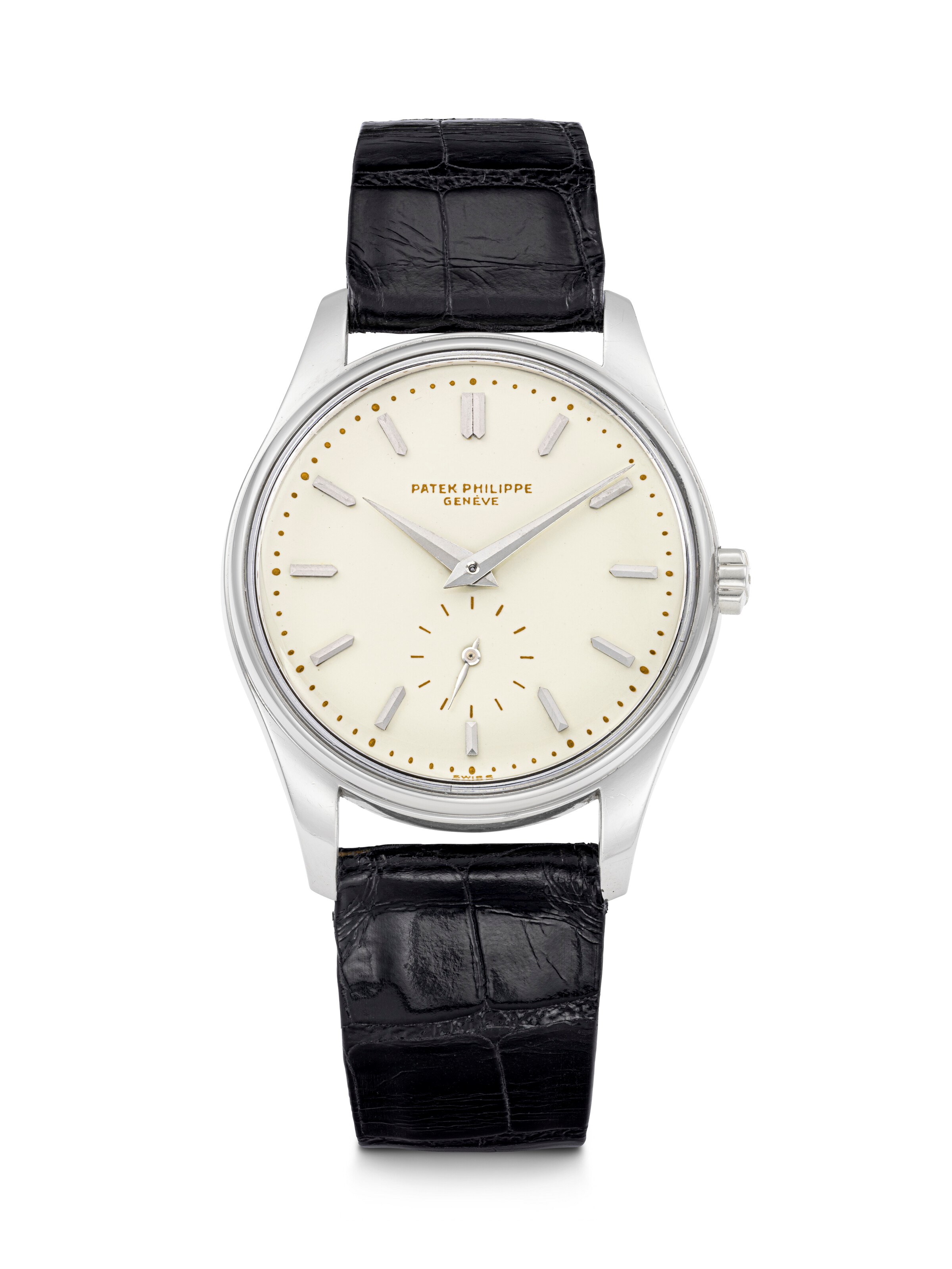 PATEK PHILIPPE. AN EXTREMELY RARE AND WELL PRESERVED 18K WHITE GOLD AUTOMATIC WRISTWATCH WITH ENAMEL DIAL