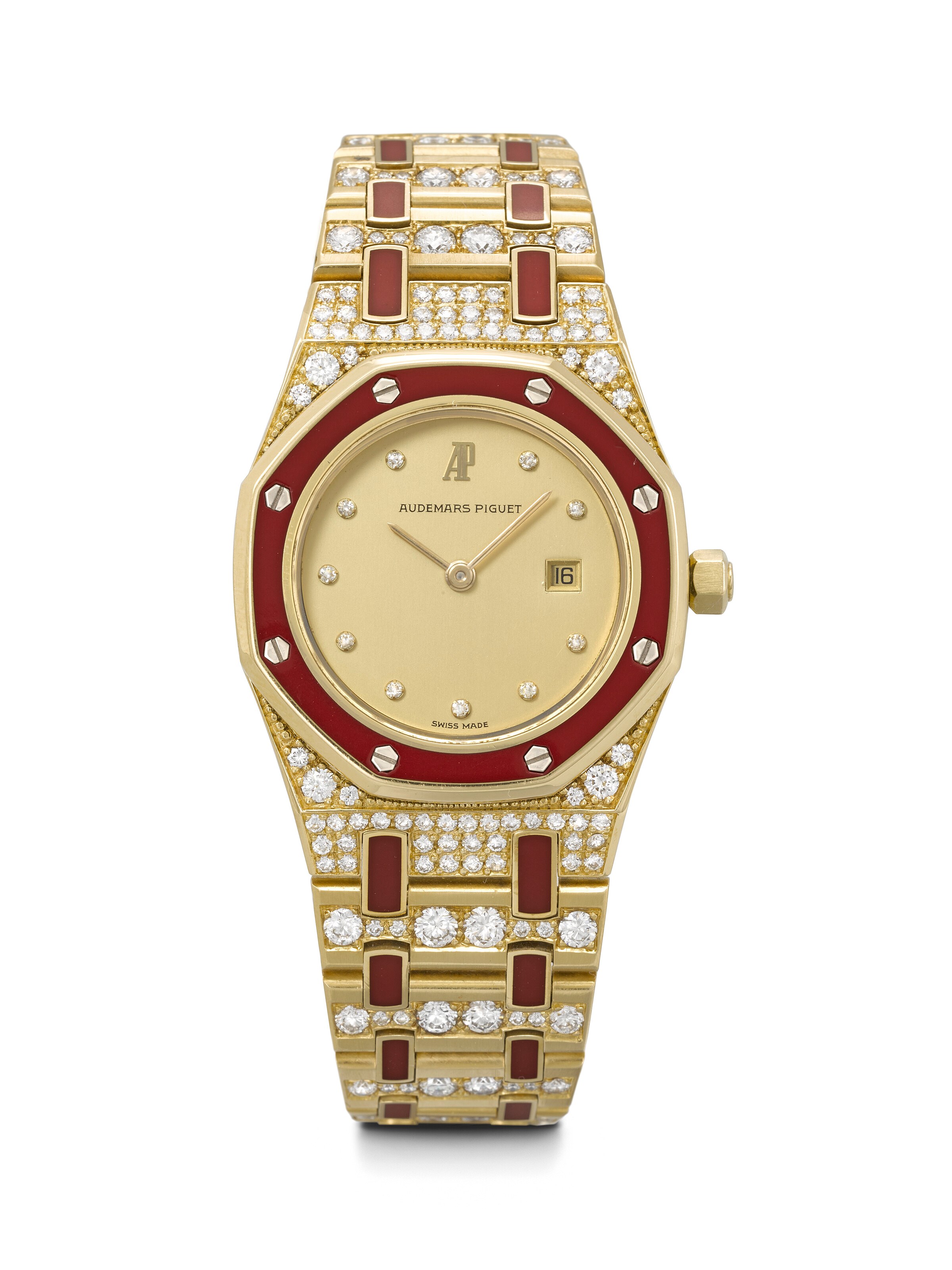 AUDEMARS PIGUET. AN EXTRAVAGANT 18K GOLD, DIAMOND AND RED JASPER-SET QUARTZ WRISTWATCH WITH DATE AND BRACELET