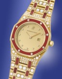 AUDEMARS PIGUET. AN EXTRAVAGANT 18K GOLD, DIAMOND AND RED JASPER-SET QUARTZ WRISTWATCH WITH DATE AND BRACELET