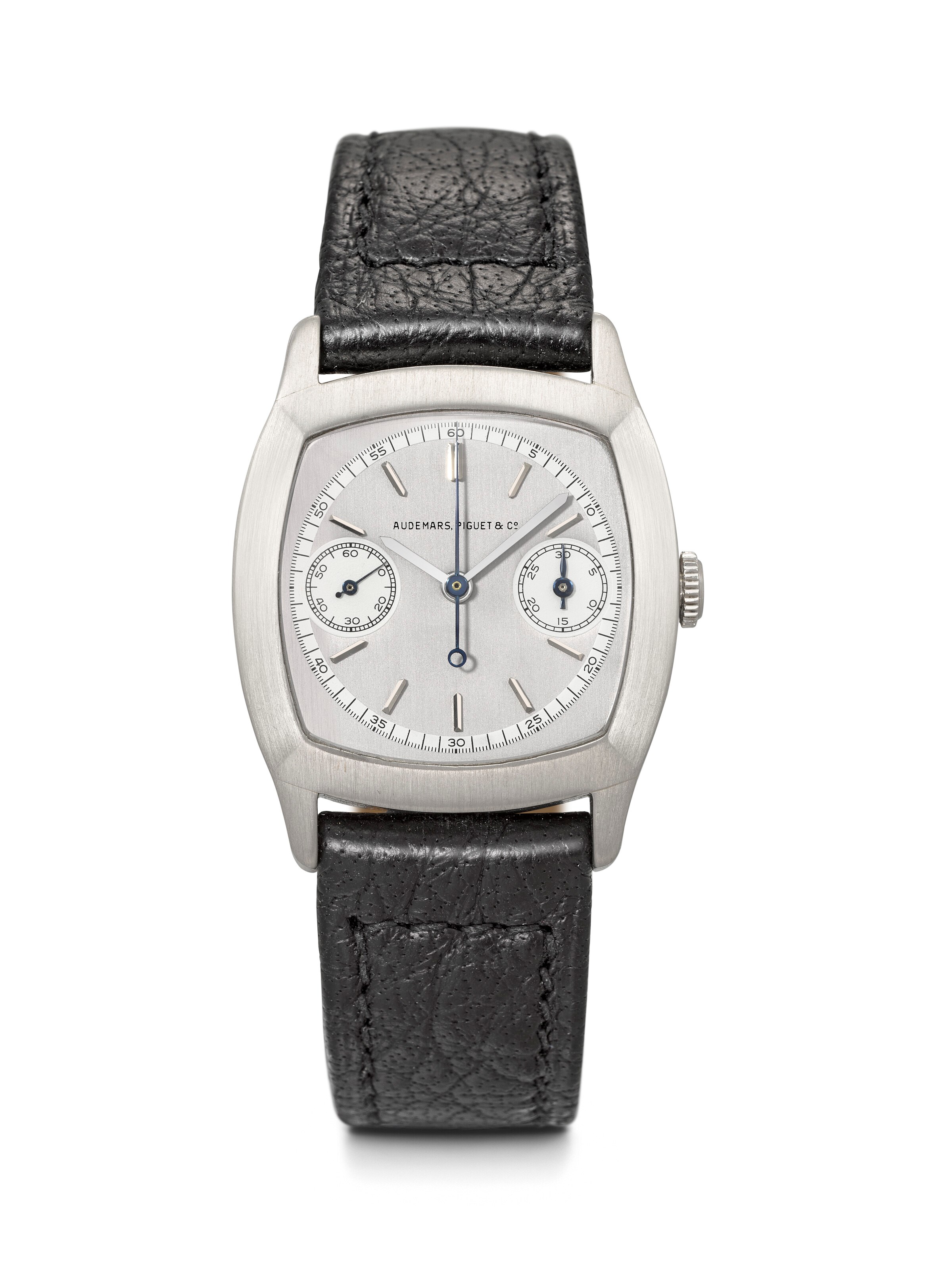 AUDEMARS PIGUET. A UNIQUE, IMPORTANT, AND HISTORICALLY SIGNIFICANT PLATINUM CUSHION-SHAPED SINGLE-BUTTON CHRONOGRAPH WRISTWATCH WITH TWO-TONE DIAL, SOLD TO THE AMERICAN MARKET