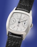 AUDEMARS PIGUET. A UNIQUE, IMPORTANT, AND HISTORICALLY SIGNIFICANT PLATINUM CUSHION-SHAPED SINGLE-BUTTON CHRONOGRAPH WRISTWATCH WITH TWO-TONE DIAL, SOLD TO THE AMERICAN MARKET