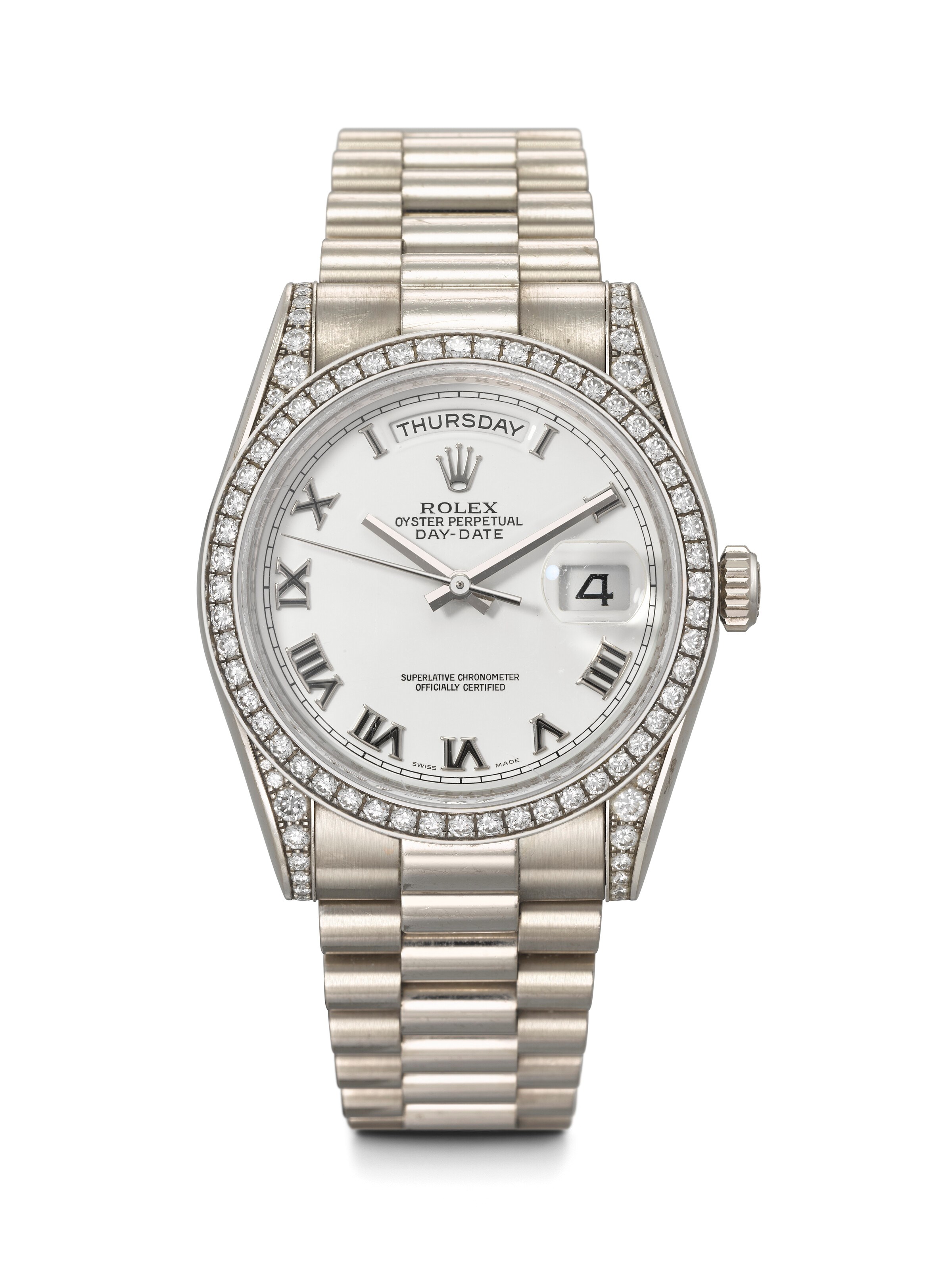 ROLEX. AN ATTRACTIVE AND HEAVY 18K WHITE GOLD AND DIAMOND-SET AUTOMATIC WRISTWATCH WITH SWEEP CENTRE SECONDS, DAY, DATE AND BRACELET
