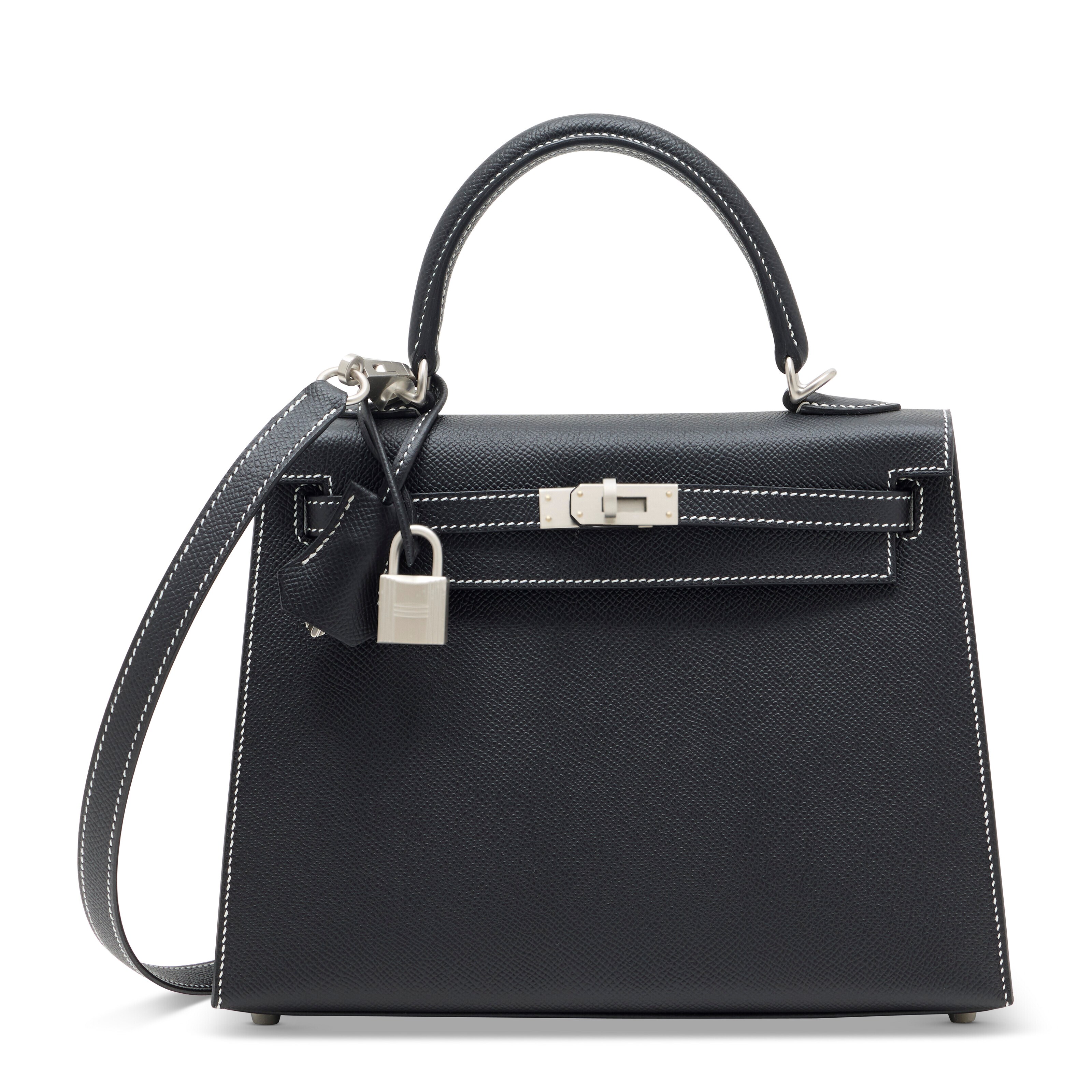 A SPECIAL ORDER BLACK EPSOM LEATHER SELLIER KELLY 25 WITH BRUSHED PALLADIUM HARDWARE