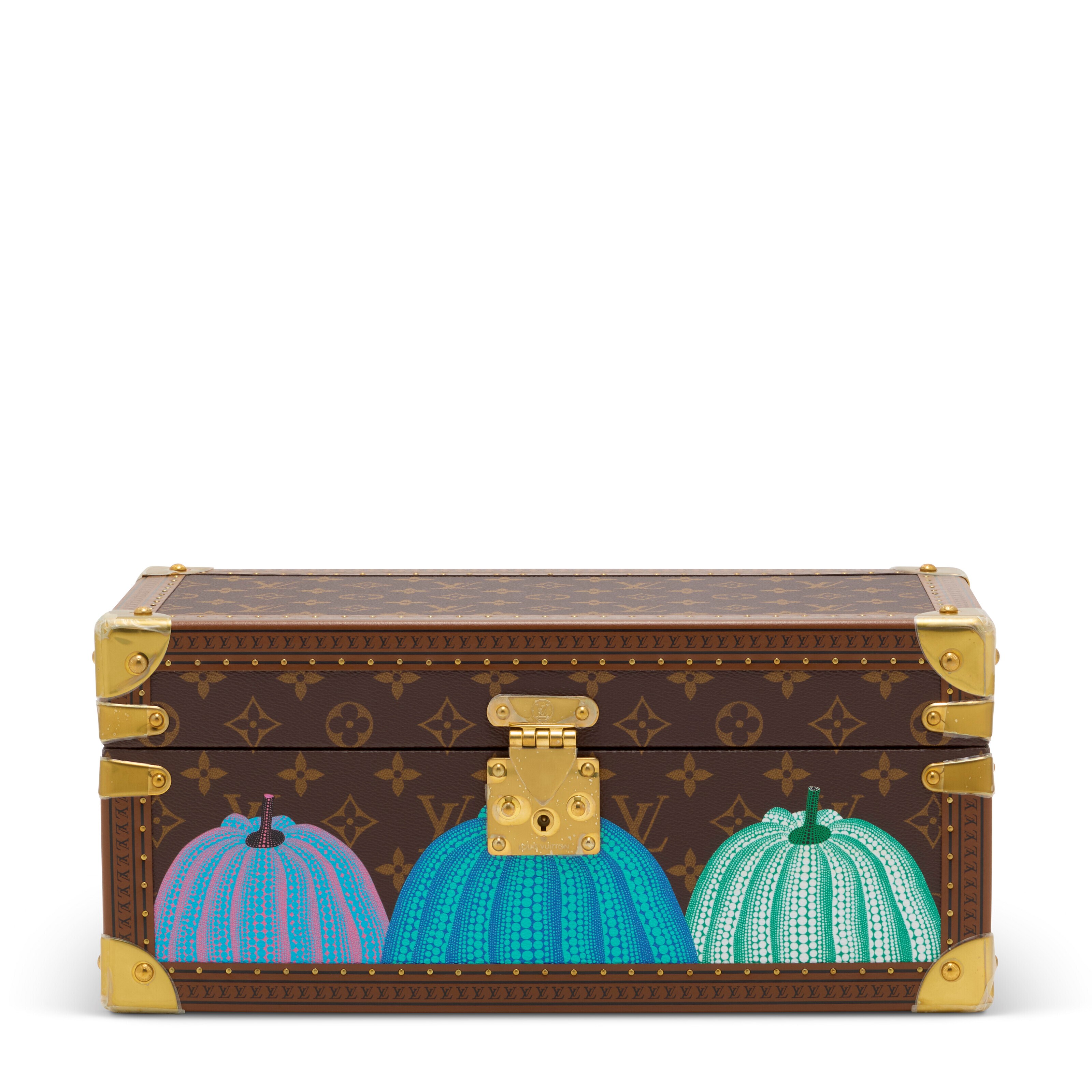 A LIMITED EDITION PAINTED PUMPKIN MONOGRAM WATCH BOX WITH BRASS HARDWARE BY YAYOI KUSAMA