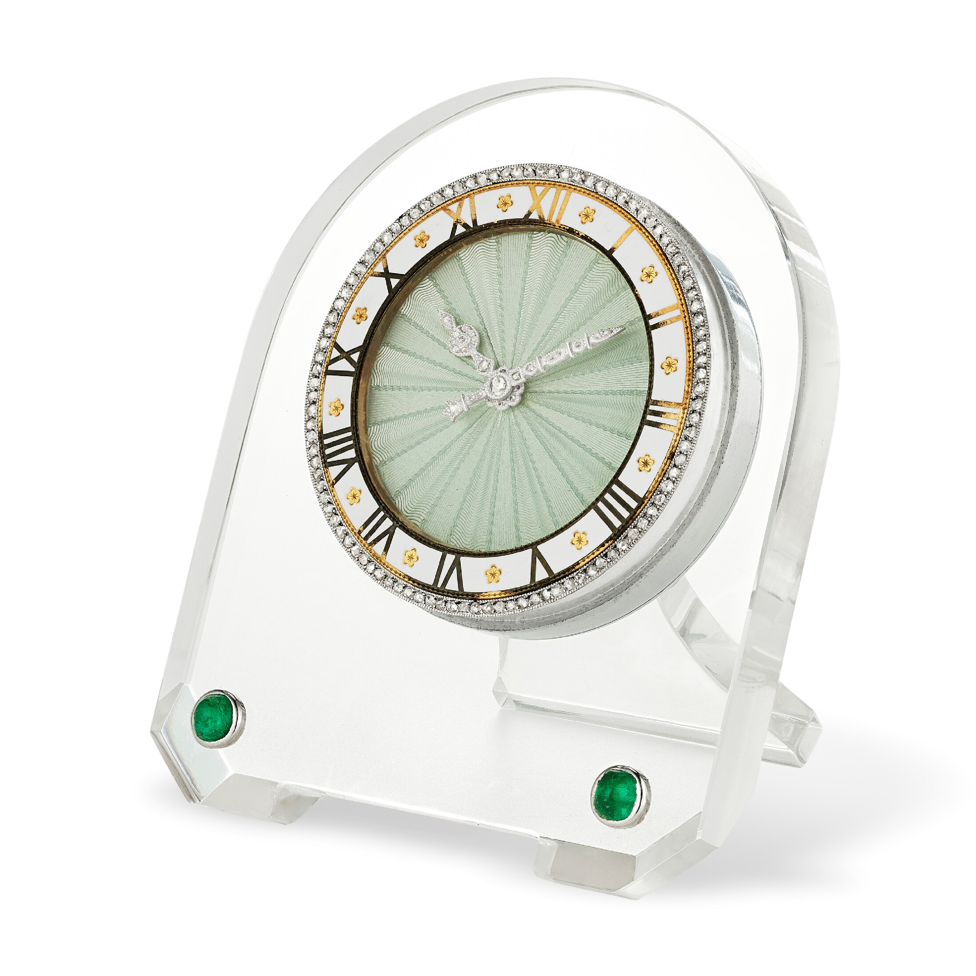 CARTIER ART DECO ROCK CRYSTAL, EMERALD, AND DIAMOND DESK CLOCK