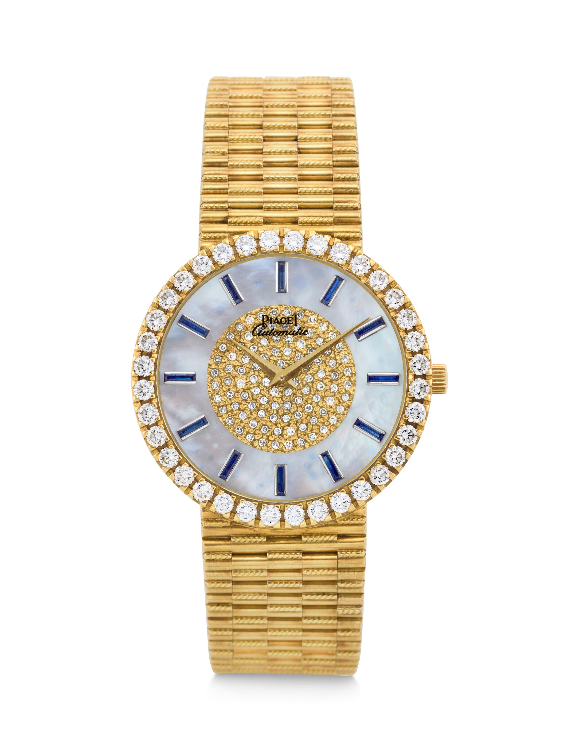 PIAGET. AN OPULENT AND UNUSUAL 18K GOLD AND DIAMOND-SET AUTOMATIC WRISTWATCH WITH DIAMOND, MOTHER OF PEARL, AND BLUE SAPPHIRE DIAL