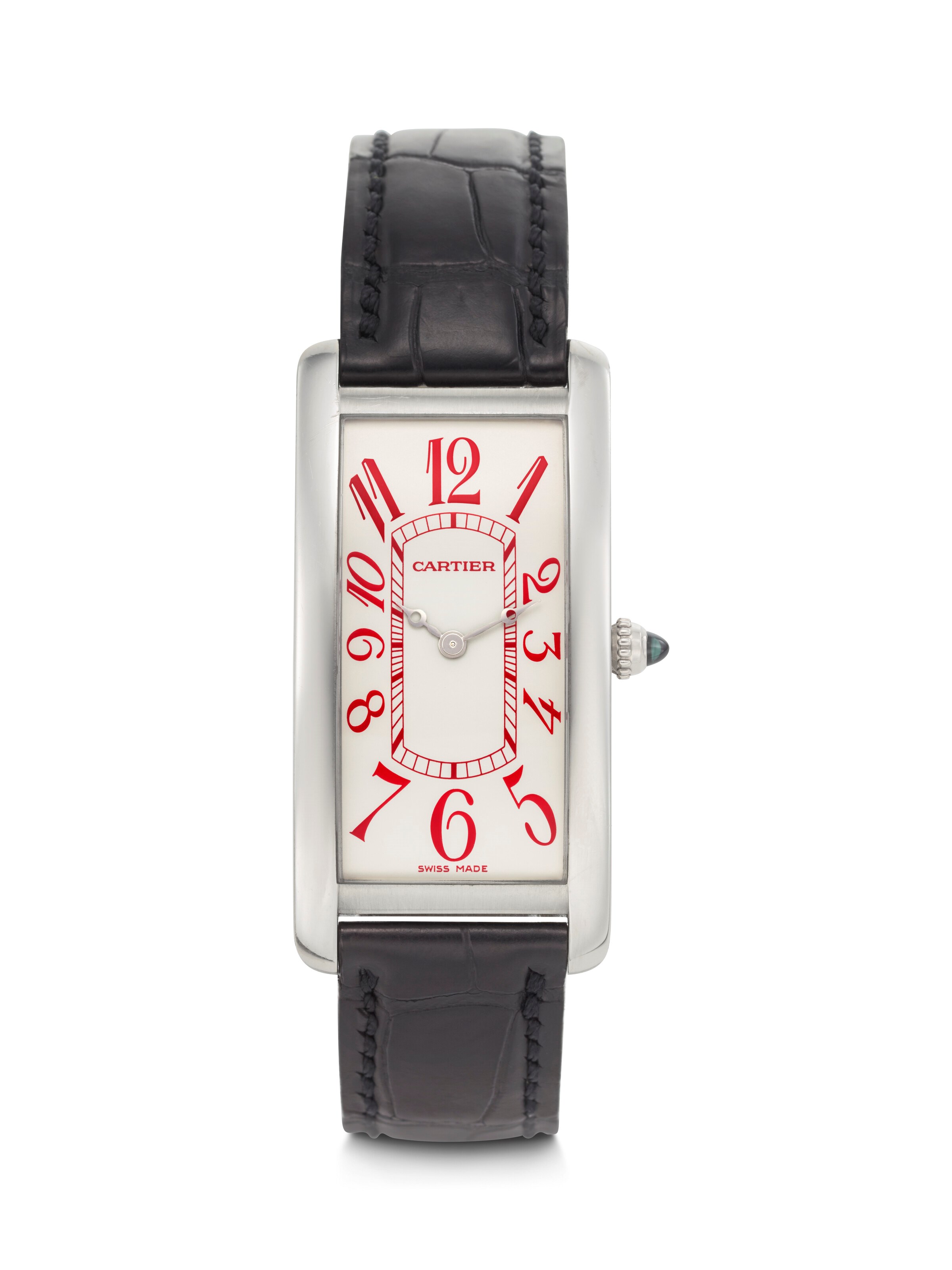 CARTIER. A UNIQUE AND EXTREMELY ATTRACTIVE PLATINUM LARGE RECTANGULAR CURVED WRISTWATCH WITH RED ARABIC NUMERAL DIAL