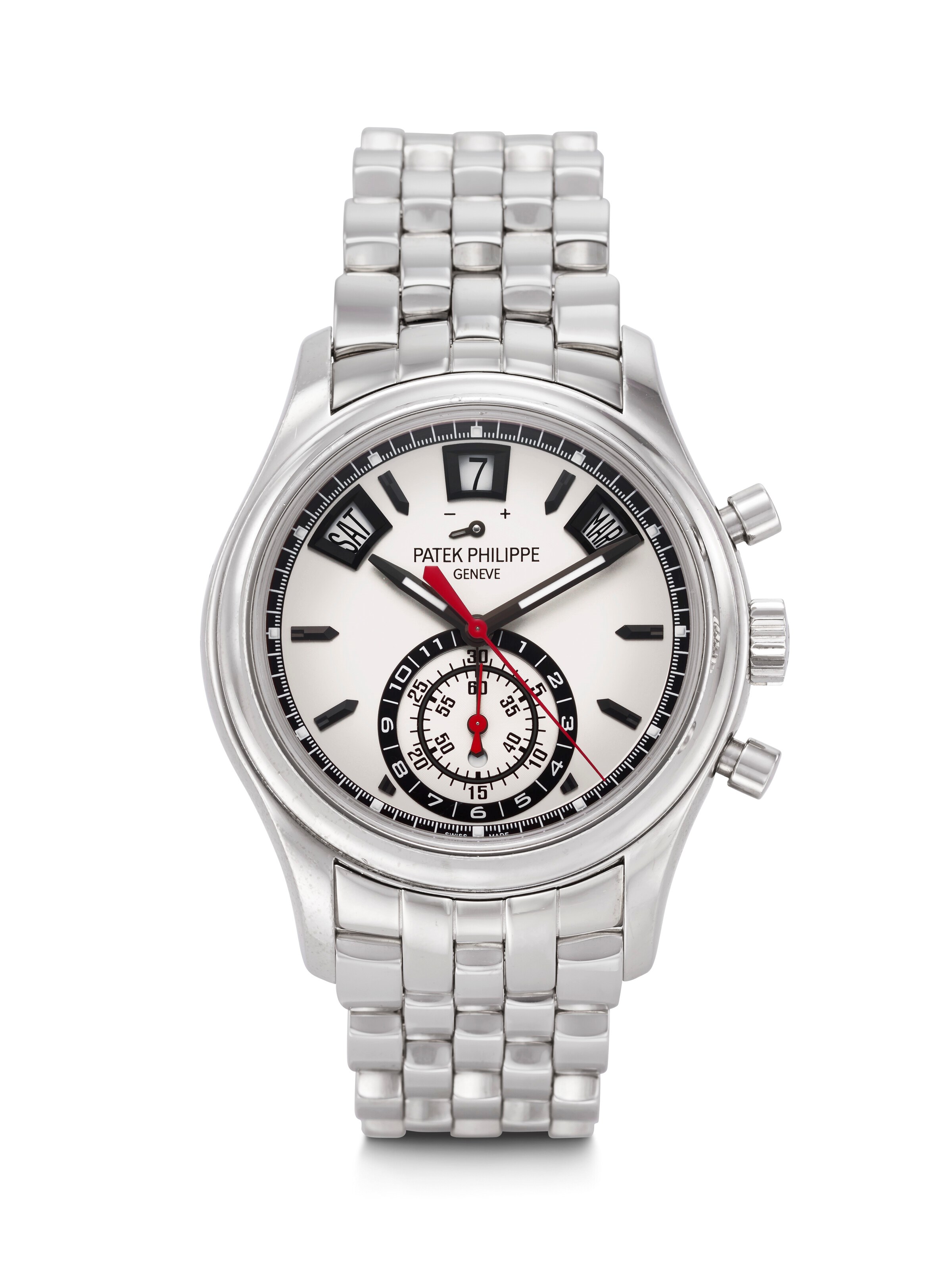PATEK PHILIPPE. A SPORTY AND ATTRACTIVE STAINLESS STEEL AUTOMATIC ANNUAL CALENDAR FLYBACK CHRONOGRAPH WRISTWATCH WITH POWER RESERVE, DAY/NIGHT INDICATION, AND BRACELET