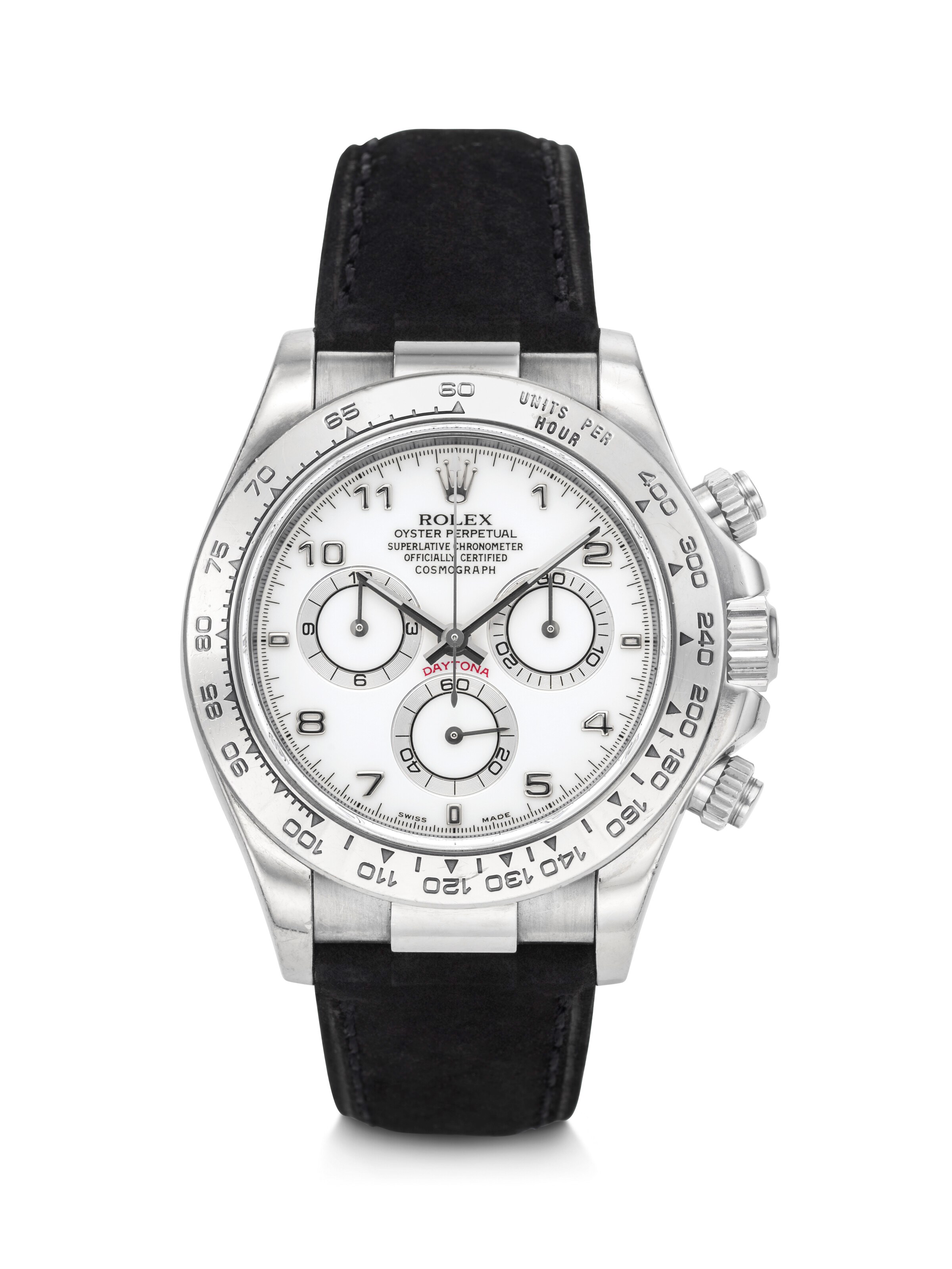 ROLEX. A COVETED AND SPORTY 18K WHITE GOLD AUTOMATIC CHRONOGRAPH WRISTWATCH WITH WHITE ARABIC NUMERAL DIAL
