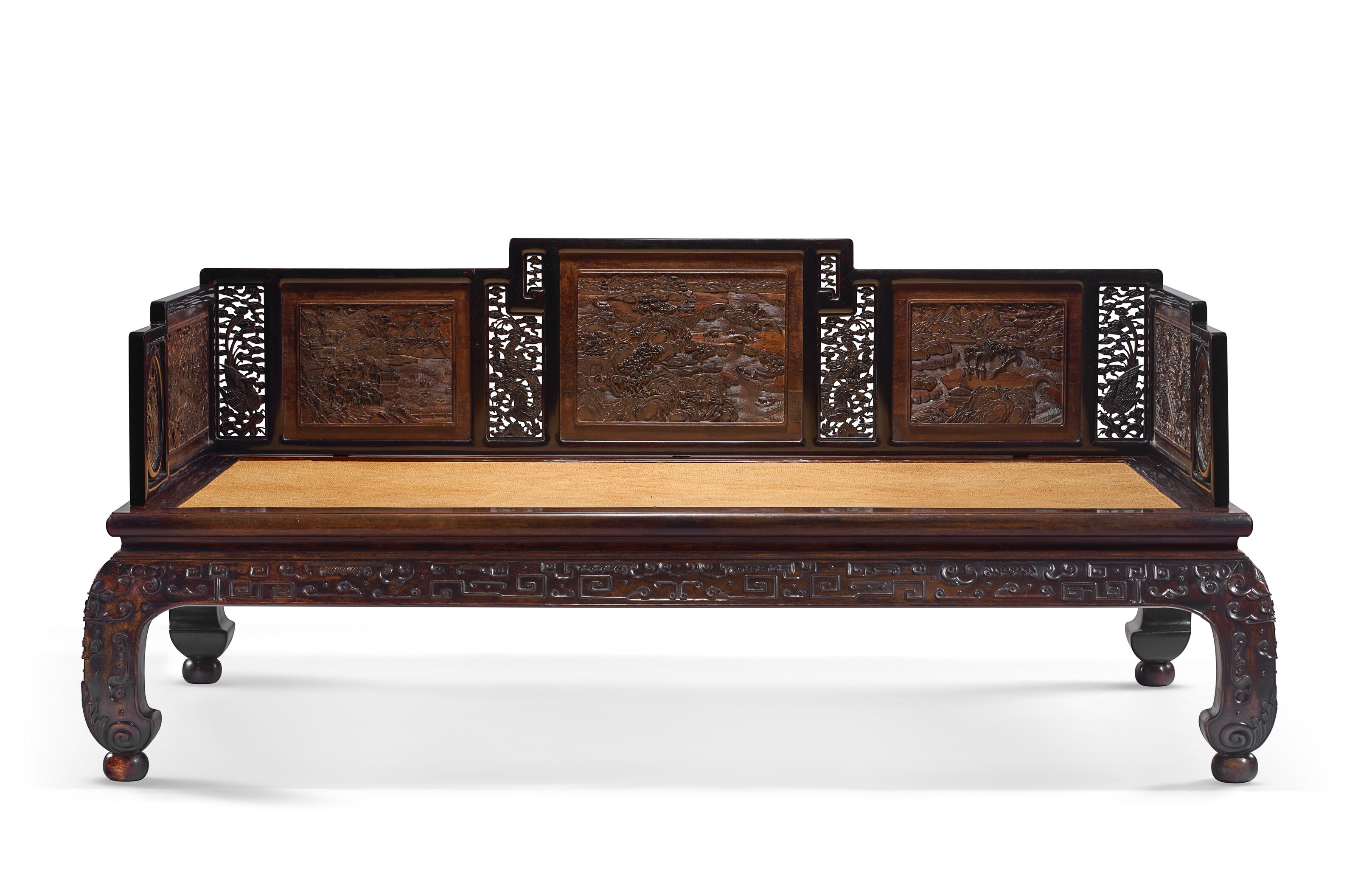 A VERY RARE CARVED JICHIMU AND ZITAN LUOHAN BED