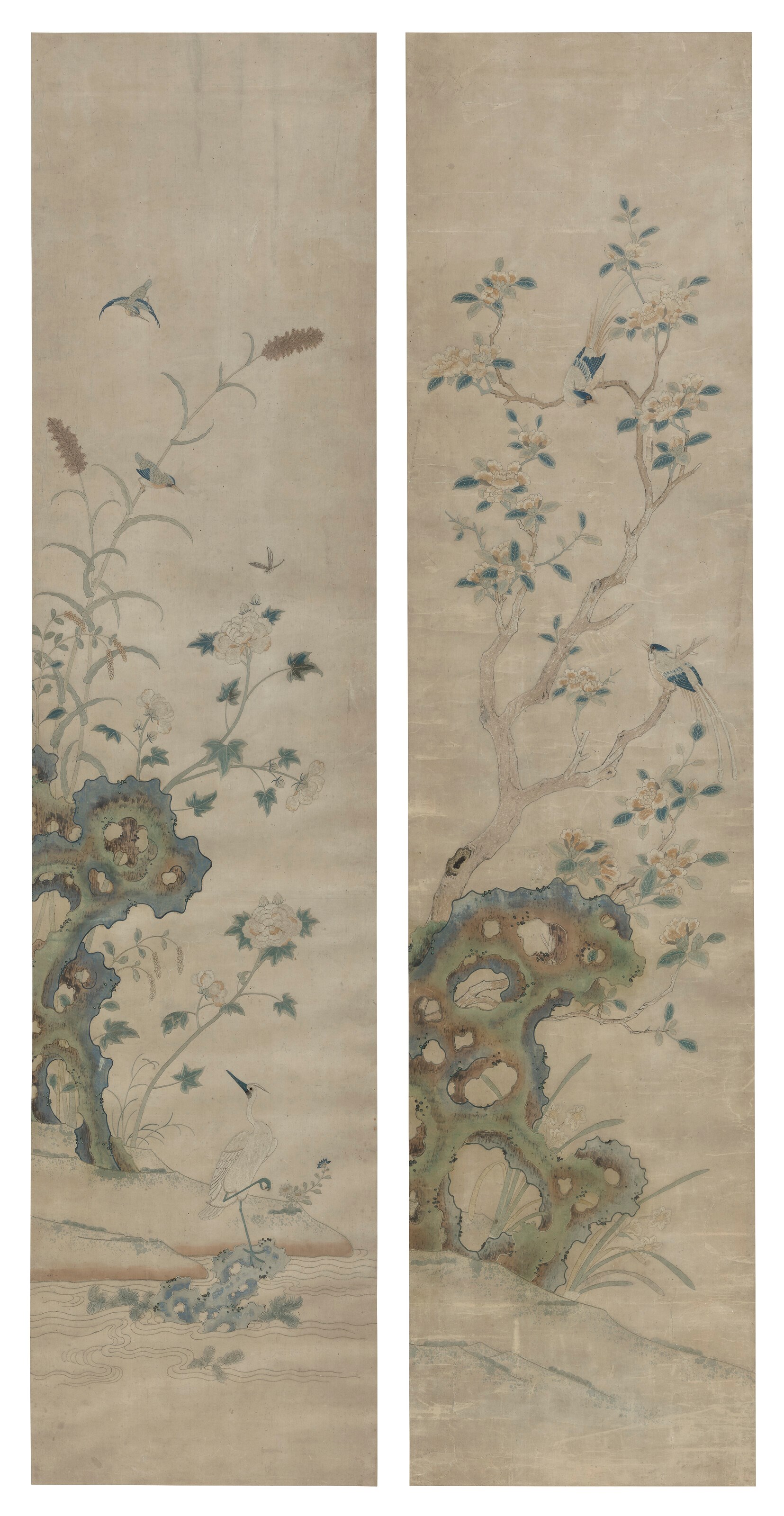 A PAIR OF EMBROIDERED SILK ‘BIRD AND FLOWER’ PANELS