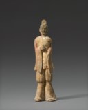 A PAINTED GREY POTTERY FIGURE OF AN OFFICIAL