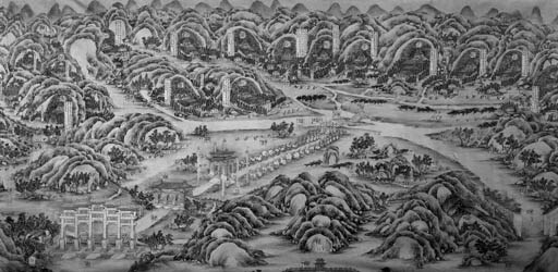 A large Chinese painting depicting the tombs of the Ming Dynasty Emperors