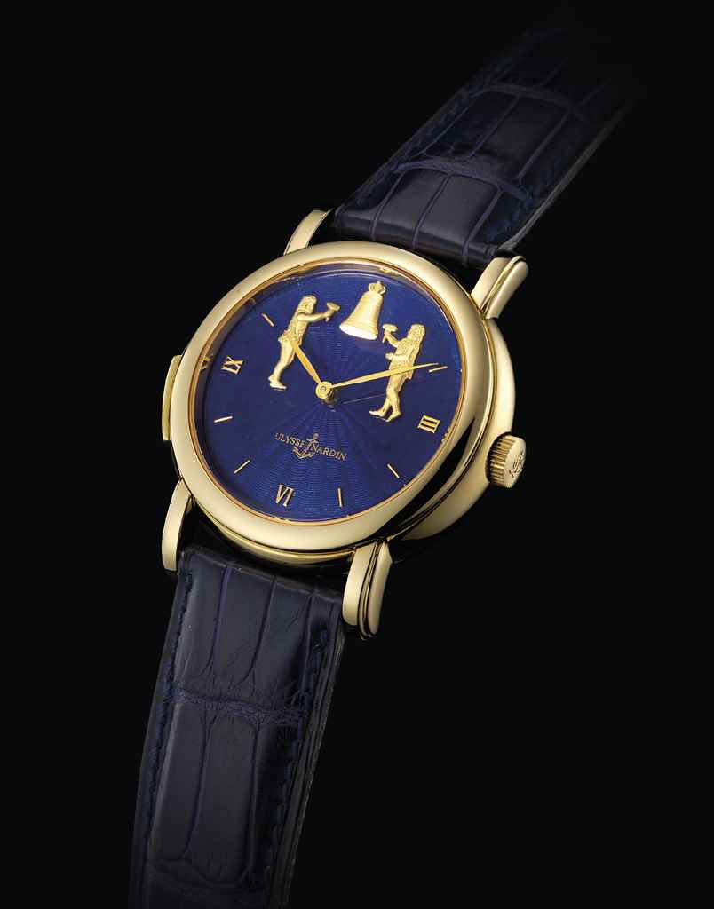 A fine and rare 18K gold automatic minute repeating wristwatch with enamel ...