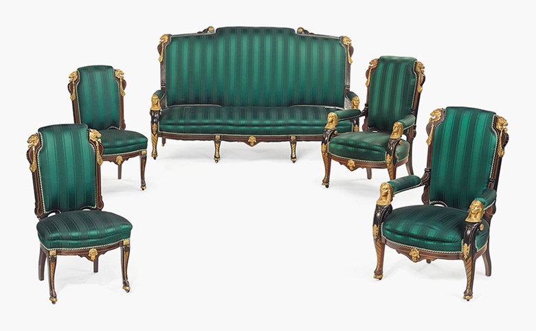 An Egyptian Revival gilt-metal mounted, parcel-gilt, ebonized and inlaid rosewood parlour suite, attributed to Pottier and Stymus (1859-1910), New York, circa 1870. Sold for $30,000 on 20 September 2016 at Christie’s in New York