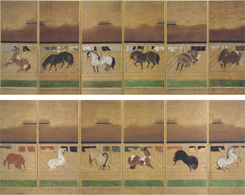 Anonymous (17th century), Stable with fine horses. Twelve paintings mounted as a pair of six-panel screens. Ink, colour and gold flecks on paper 52 x 19 ¾ in (132.1 x 5.2 cm.) each approx. Sold for $75,000 on 15 April 2022 at Christie's New York