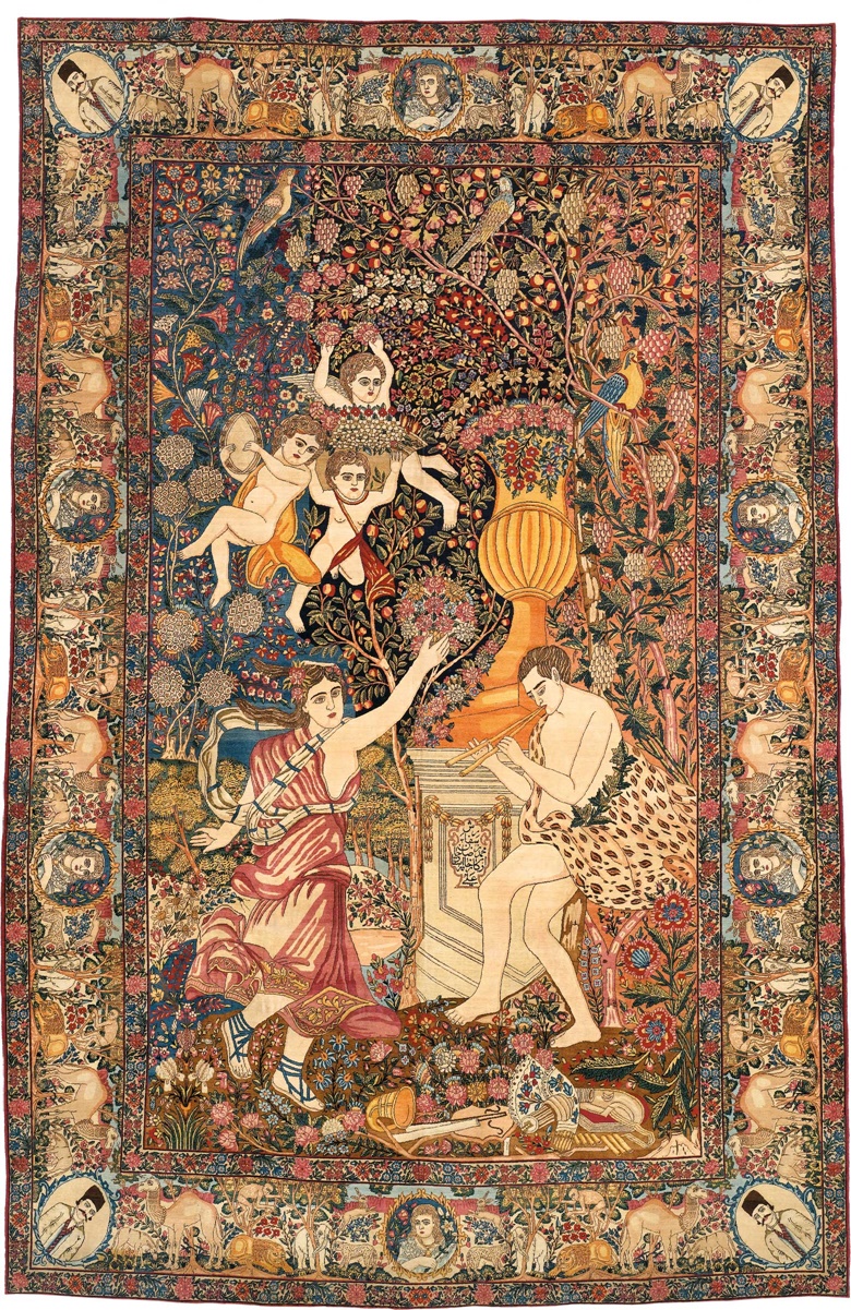 A signed Kirman pictorial carpet. Southeast Persia, circa 1900. Depicting a mythological scene with Bacchus and Ariadne, overall excellent condition. 10ft 9 in x 6ft 10 in (326 cm x 208 cm). This piece was offered in Oriental Rugs and Carpets on 19 April 2016 at Christie’s in London and sold for £35,000