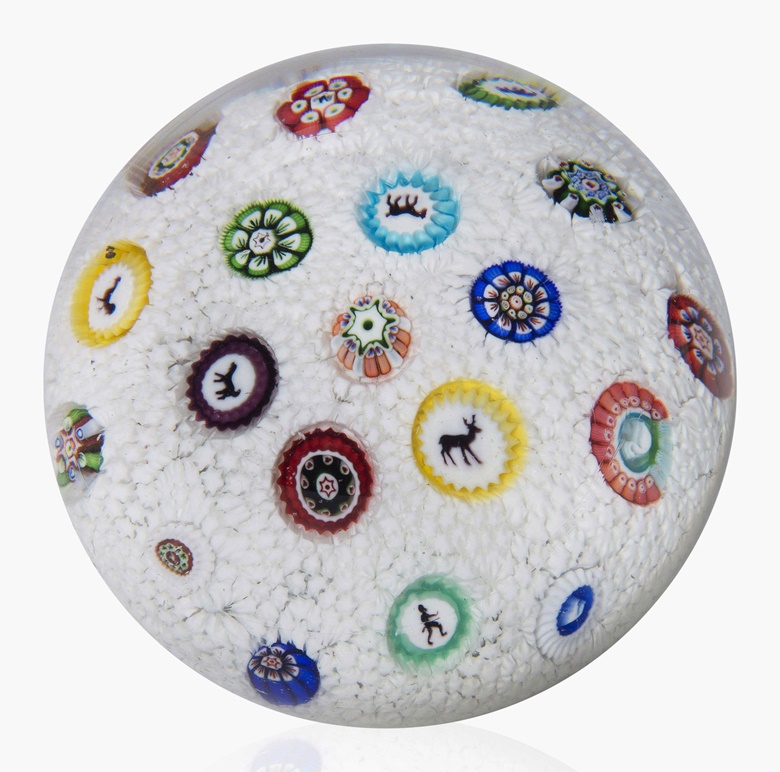 A Baccarat dated carpet ground weight, dated 1848, initialed and dated on a single cane b 1848. 3⅛ in (8 cm) diameter. Sold for $10,000, 20 Apr 2016, Online