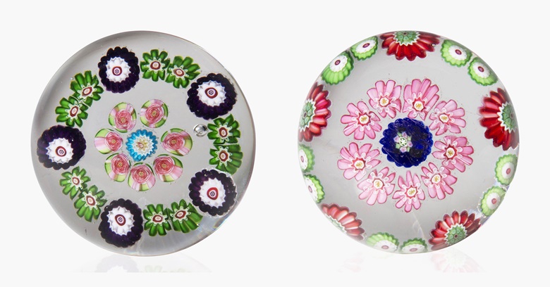 Two Clichy miniature concentric Millefiori weights, mid-19th century. 1¾ in (4.5 cm) diameter, both. Sold for $875 on 20 Apr 2016, Online