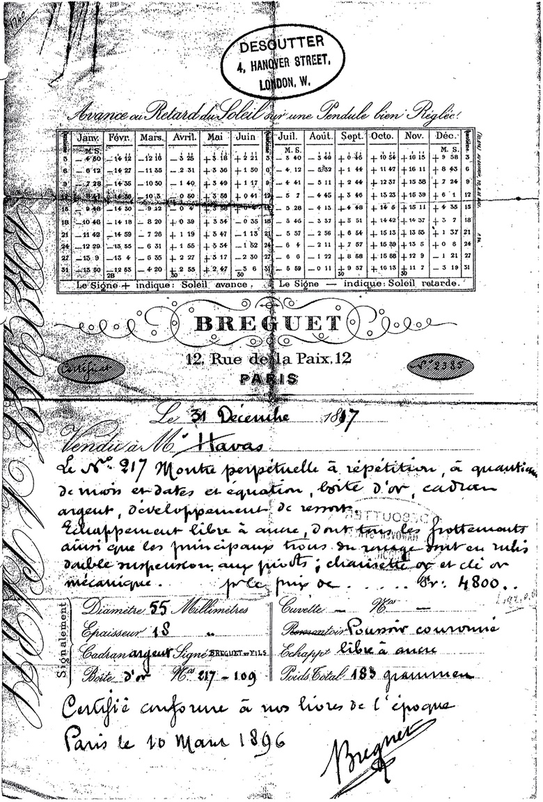 A copy of the Breguet Certificate No. 2385 dated 10 March 1896