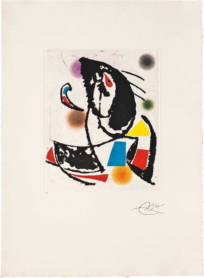Joan Miró (1893-1983), Les Montagnerds II. Plate 280 x 230 mm., Sheet 546 x 395 mm. Estimate £700-1,000. This work is offered in Prints & Multiples on 19 May at Christie’s in London