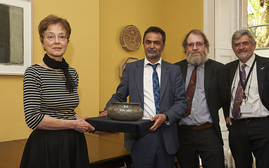 Handover ceremony of Safavid bowl to the National Museum of Afghanistan at the British Museum on 9 May, 2016. Left to right Paola Von Aulock, previous owner; Ahmad Zia Siamak, Charge dAffaires,