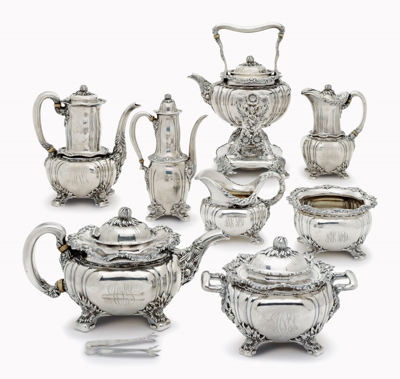 An assembled American silver eight-piece tea and coffee service. Most mark of Tiffany & Co., New York, circa 1873–1902. Estimate $15,000-25,000. This lot is offered in the Private Collection of Joan Rivers sale on 22 June at Christies New York