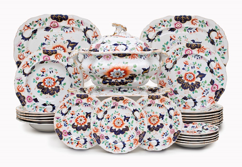 An English ironstone Imari part dinner service, first half 19th century. Blue and iron-red crown marks, pattern no. 106. Estimate $2,000-3,000. This lot is offered in the Private Collection of Joan Rivers sale on 22 June at Christies New York 
