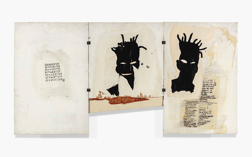 Jean-Michel Basquiat (1960-1988), Self-Portrait. Acrylic, oil, oilstick and paper collage on three hinged wooden panels, overall 40 x 70in. (101.6 x 177.8cm). Estimate £1,000,000-1,500,000