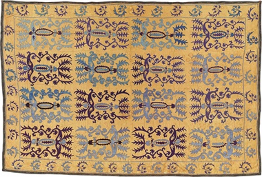 An Uzbek susani. Circa 1900, probably Lakhai. 6 ft 10 in x 10 ft 3¼ in (208.5 x 313 cm), excluding pole. Estimate £1,000-1,500. Also depicted an Indian hardwood side table. Mid-19th century. 33 ¾ in (886 cm) high; 46 in (117 cm) wide; 29 in (73.5 cm) deep. Estimate £3,000-5,000. These lots are offered in The Claudio Bravo Collection From the Artist’s Studio and