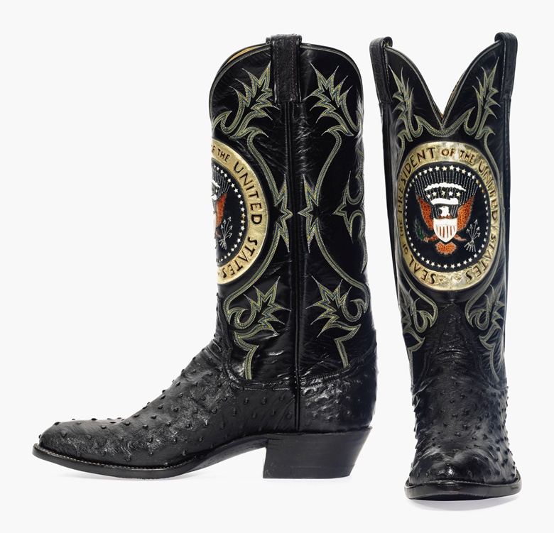 President Ronald Reagan’s cowboy boots, by Tony Lama Boots, circa 1980. Hand-tooled in gold and silver with the Seal of the President of the United States. Black ostrich vamp and cowhide. Estimate $10,000-20,000. This lot will be offered in The Private Collection of President and Mrs. Ronald Reagan, 21-22 September at Christies in New York