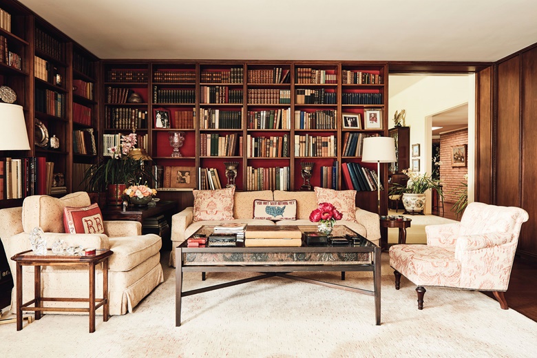 A view of the library with its shelves housing leather-bound volumes, movie scripts and gifts received while the Reagans were at the White House