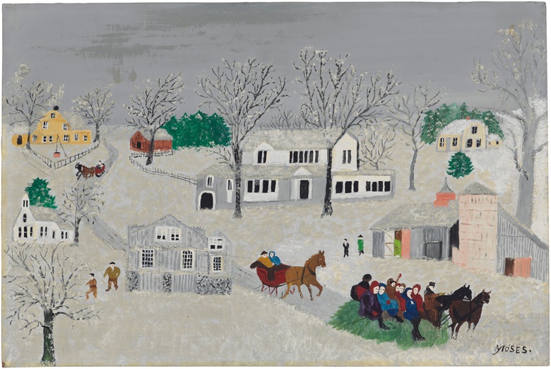 Anna Mary Robertson ‘Grandma’ Moses (1860-1961), A Gay Time, March 27, 1953. Oil on board. 12 x 18 in. Estimate $15,000-25,000. This lot will be offered in The Private Collection of President and Mrs. Ronald Reagan, 21-22 September at Christies in New York
